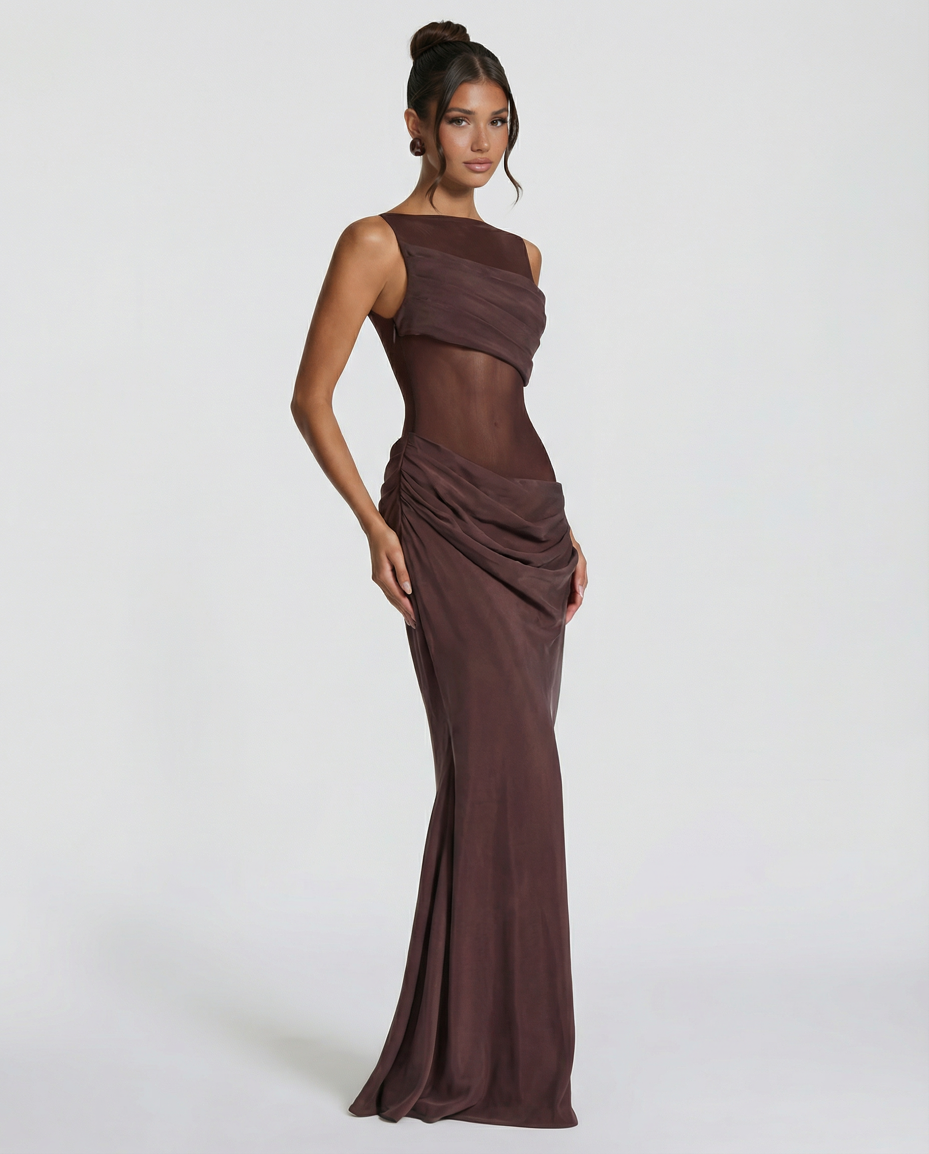 Olivia | Maxi Dress with Sheer Panel and Ruched Skirt