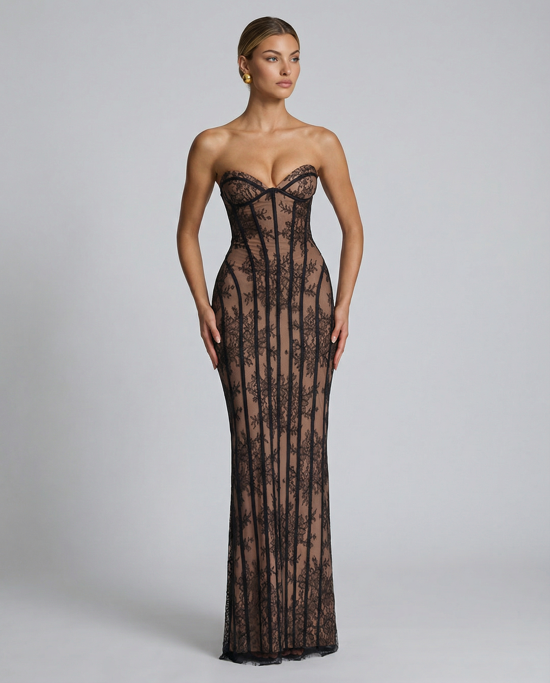 Catherine | Maxi Dress with Sheer Lace Corset and Lace-Up Back
