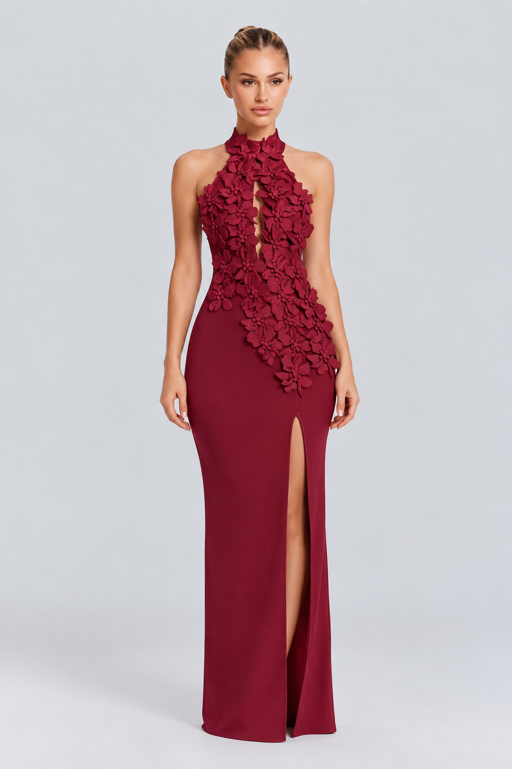 Kira | 3D Floral Halter Neck Bandage Maxi Dress