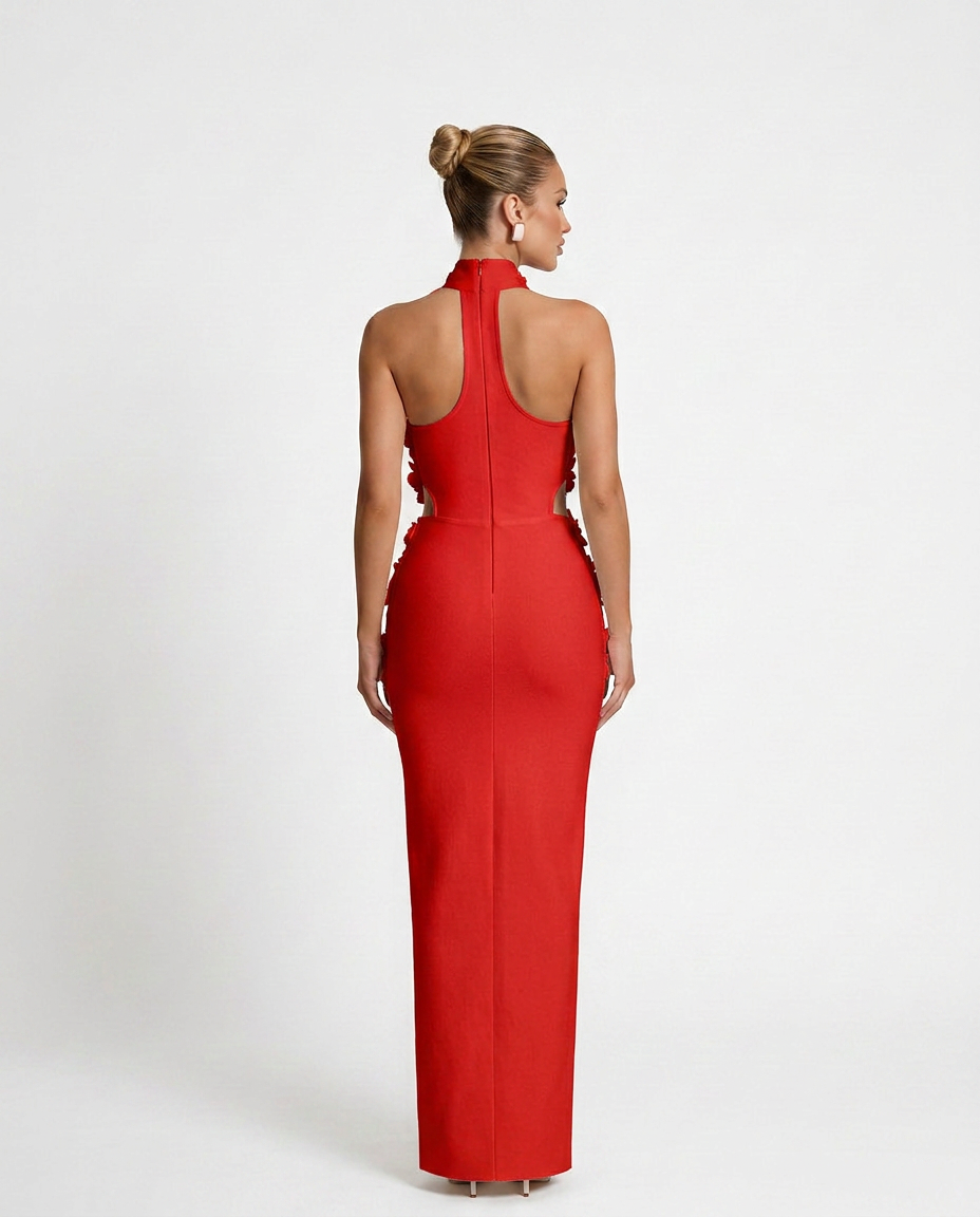 Kira | 3D Floral Halter Neck Bandage Maxi Dress