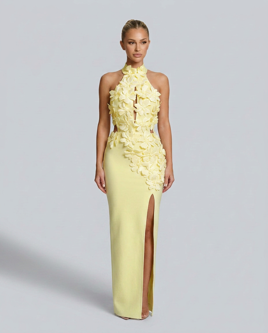 Kira | 3D Floral Halter Neck Bandage Maxi Dress
