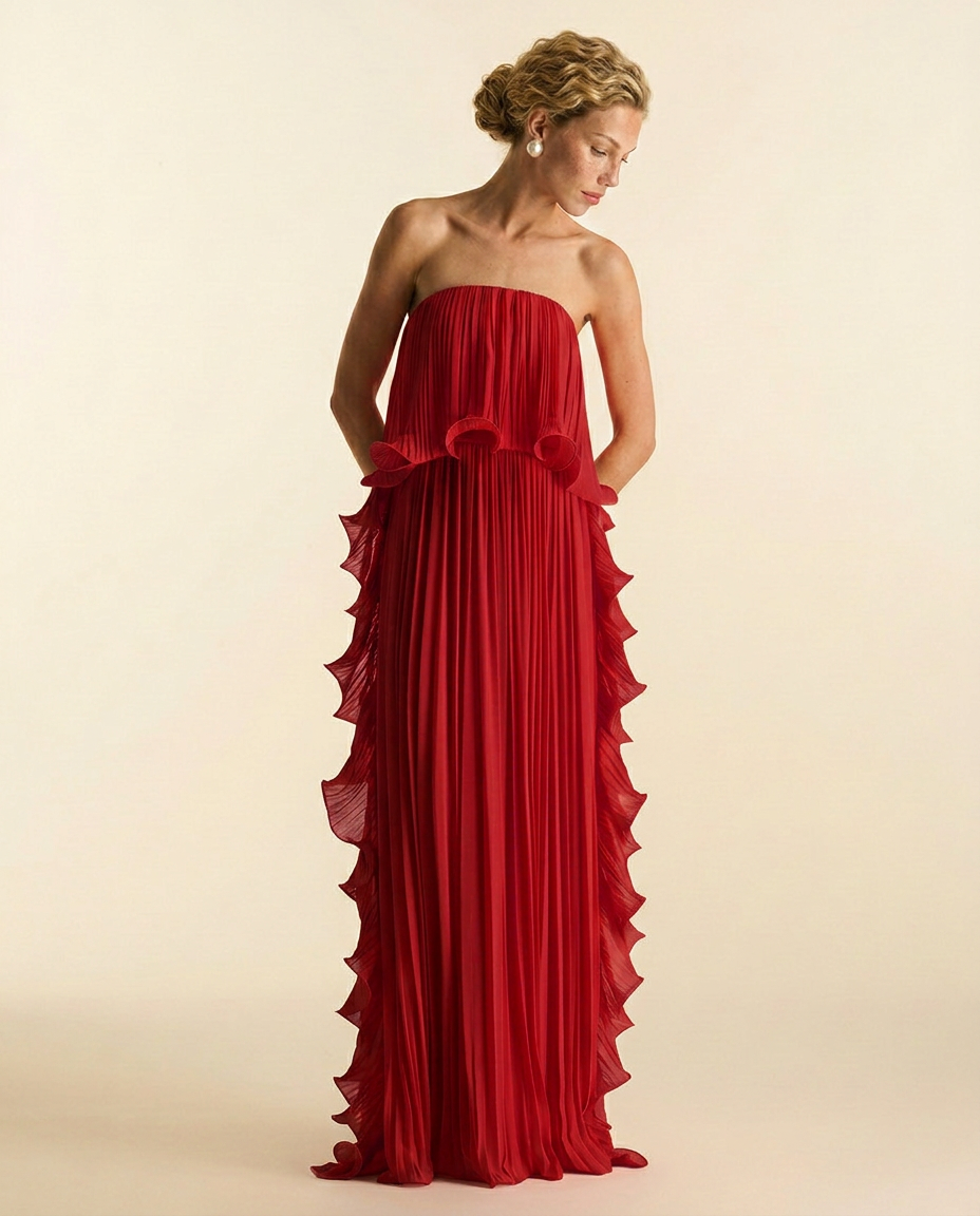 Ada | Chiffon Pleated Frill Maxi Dress