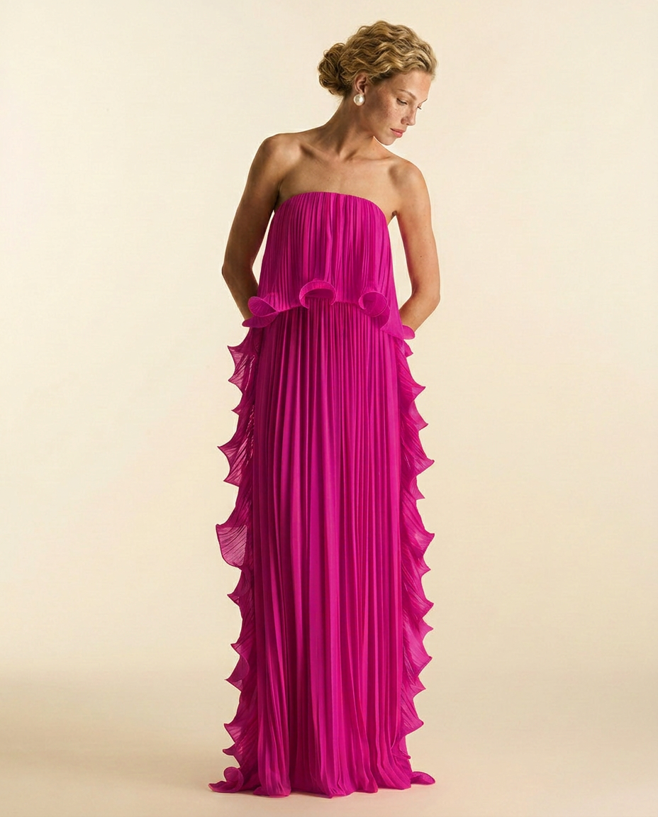 Ada | Chiffon Pleated Frill Maxi Dress