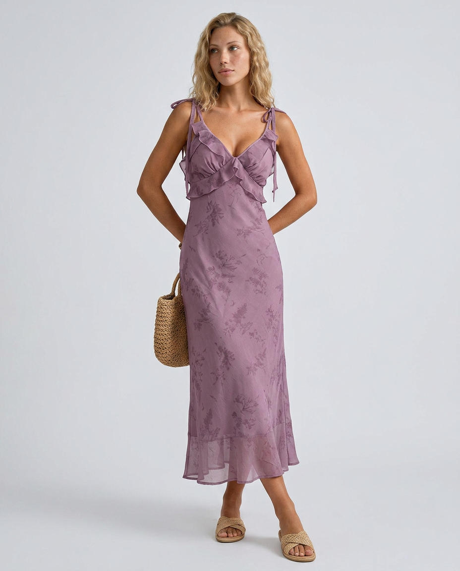 Violette | Floral Ruffle Tie Strap Midi Dress