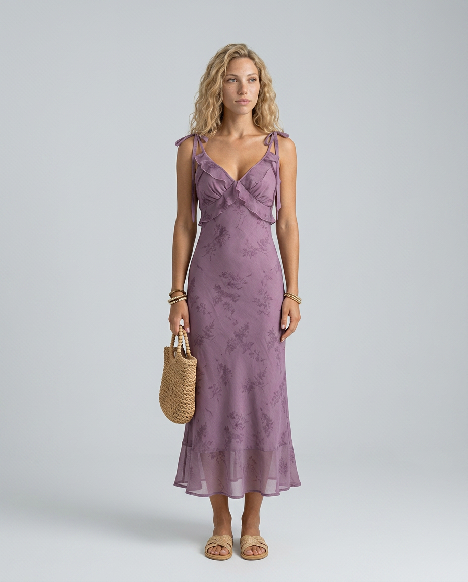 Violette | Floral Ruffle Tie Strap Midi Dress