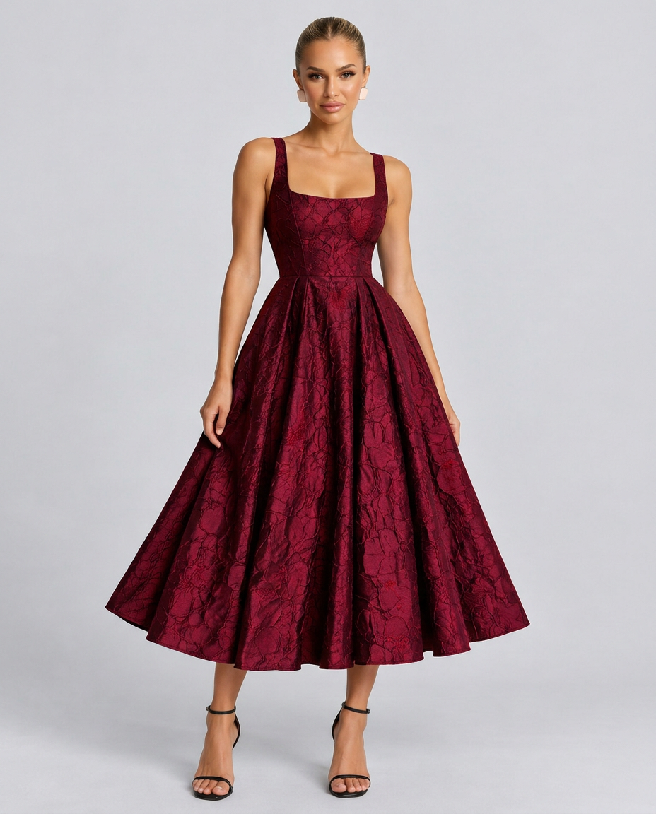 Pia | Sweetheart Neck Jacquard Midi Dress