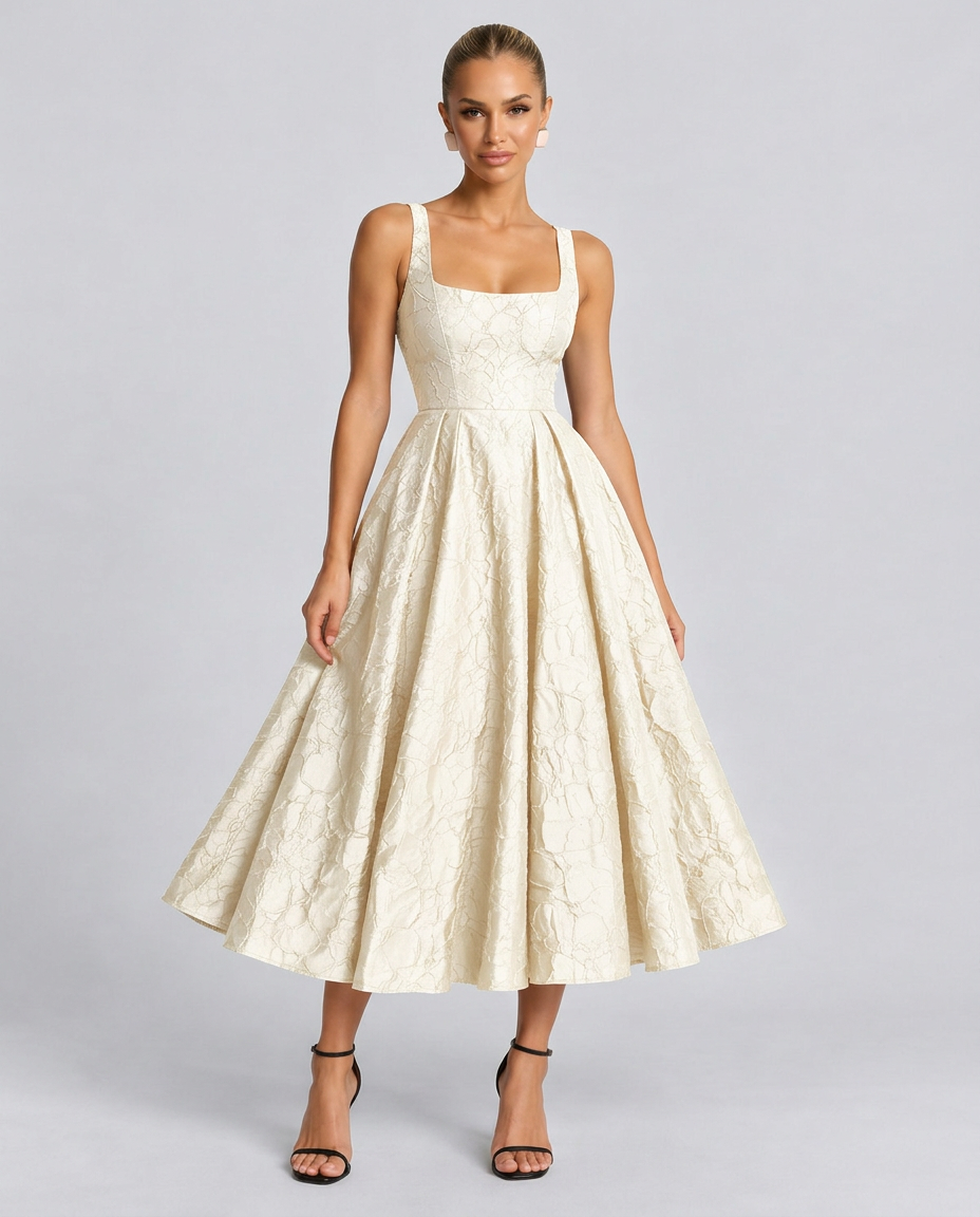 Pia | Sweetheart Neck Jacquard Midi Dress