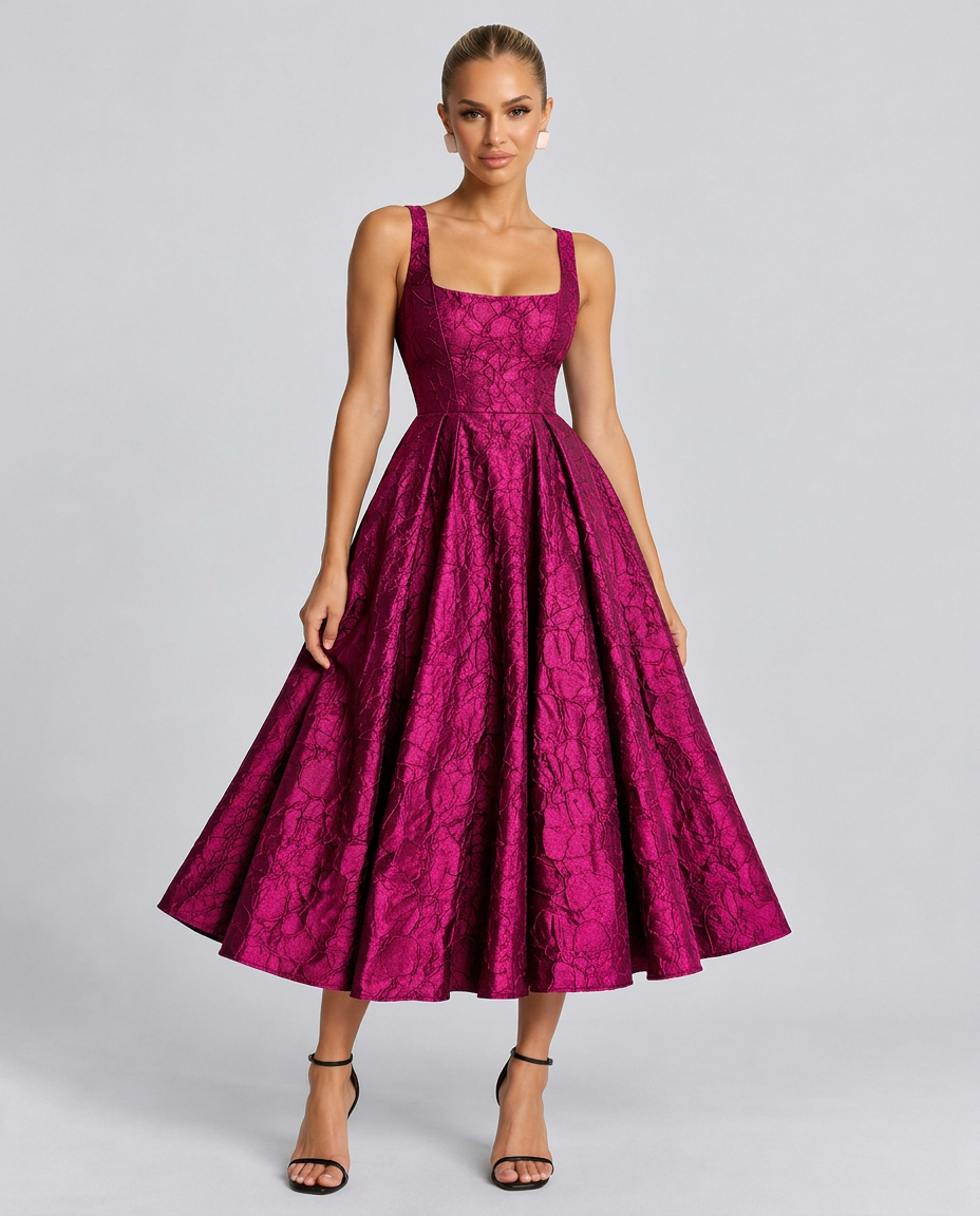 Pia | Sweetheart Neck Jacquard Midi Dress