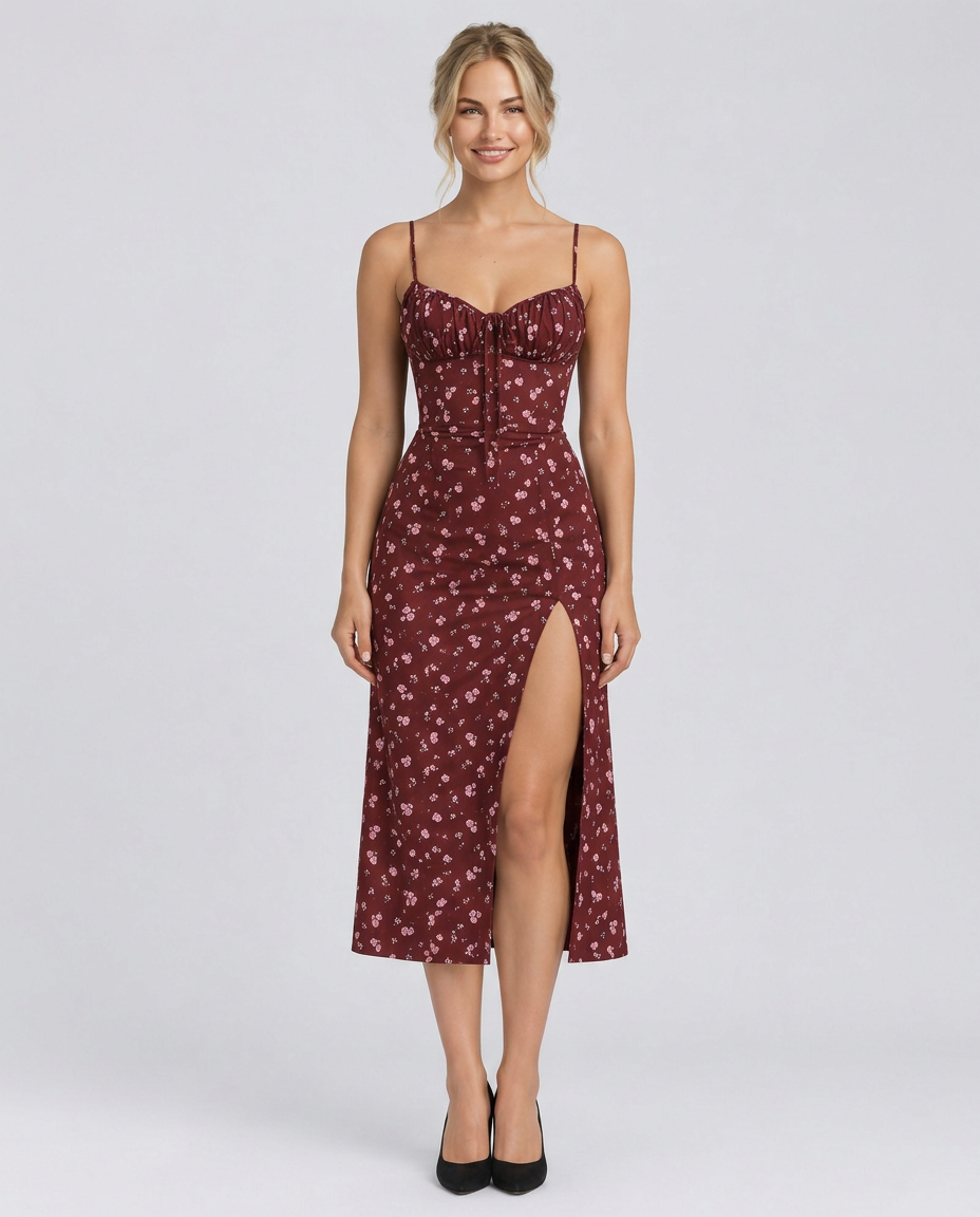 Leona | Floral Print Spaghetti Strap Midi Dress