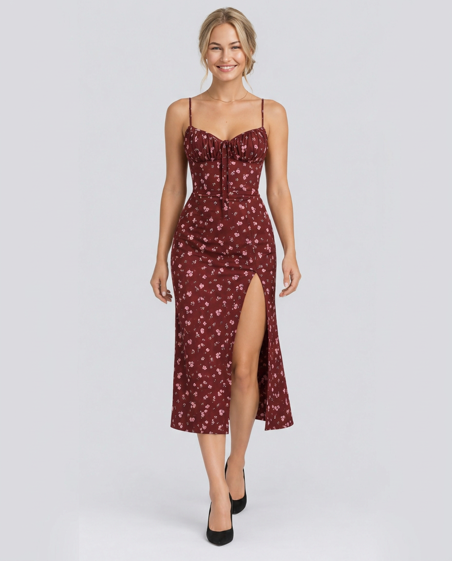 Leona | Floral Print Spaghetti Strap Midi Dress