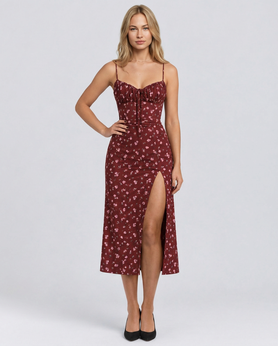 Leona | Floral Print Spaghetti Strap Midi Dress
