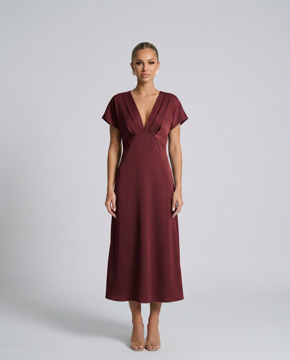 Cleo | Wine Red Satin Cowl Neck Midi Dress