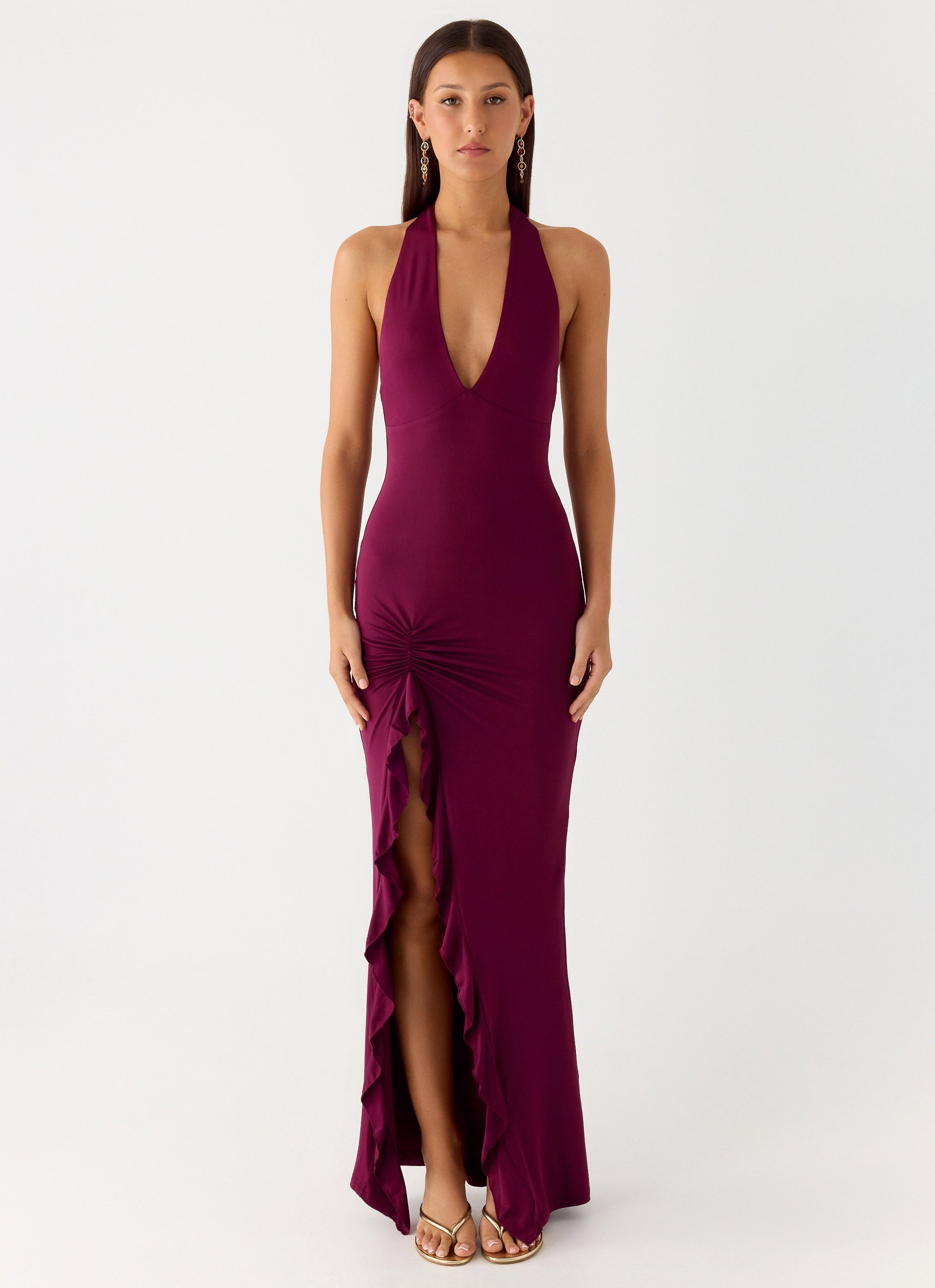 Alberta | V Neck Ruffles High Thigh Slit Maxi Dress