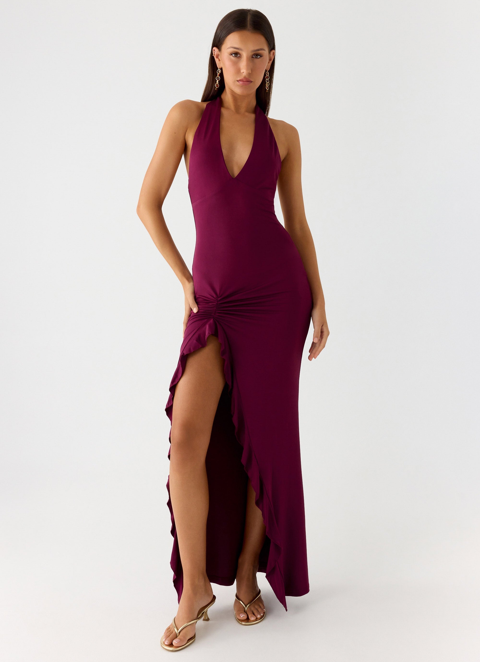 Alberta | V Neck Ruffles High Thigh Slit Maxi Dress