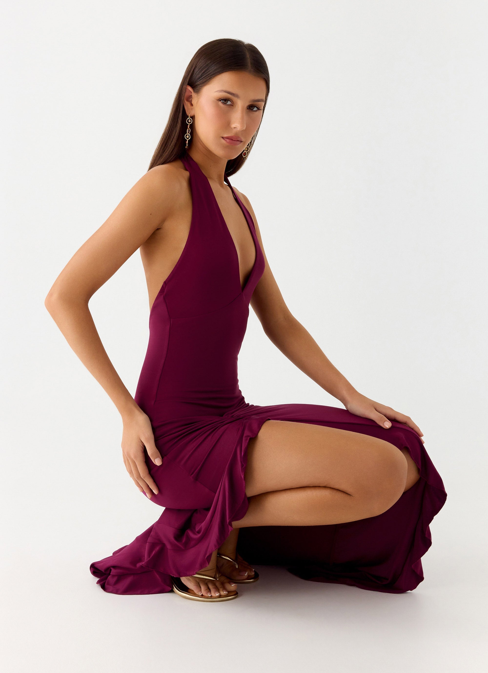 Alberta | V Neck Ruffles High Thigh Slit Maxi Dress