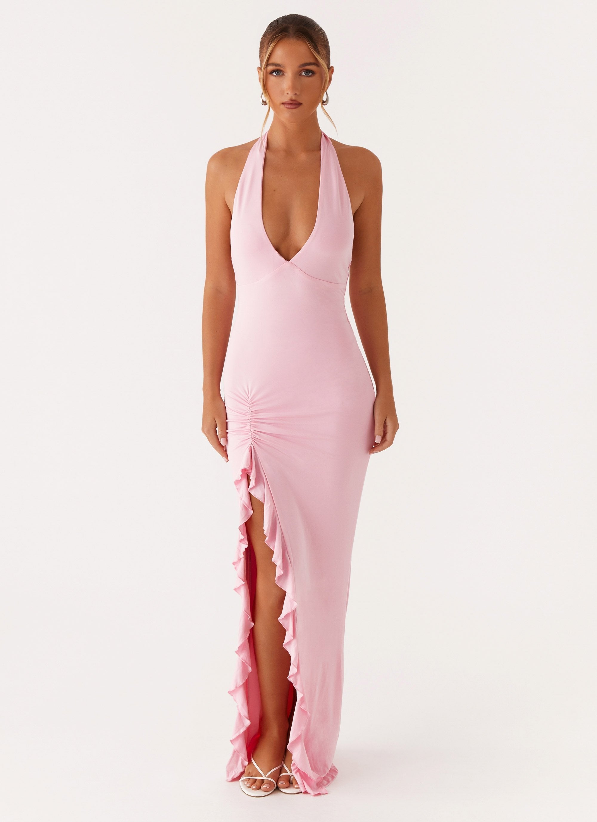 Alberta | V Neck Ruffles High Thigh Slit Maxi Dress