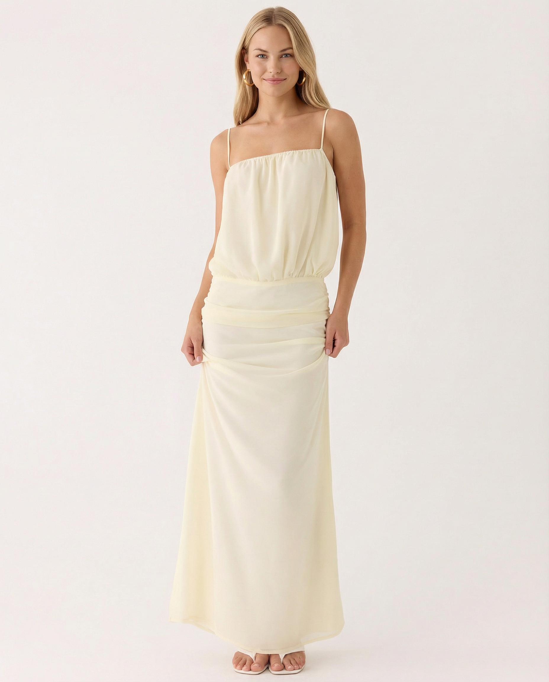 Sandi | Thin Spaghetti Straps Ruffle Details Maxi Dress