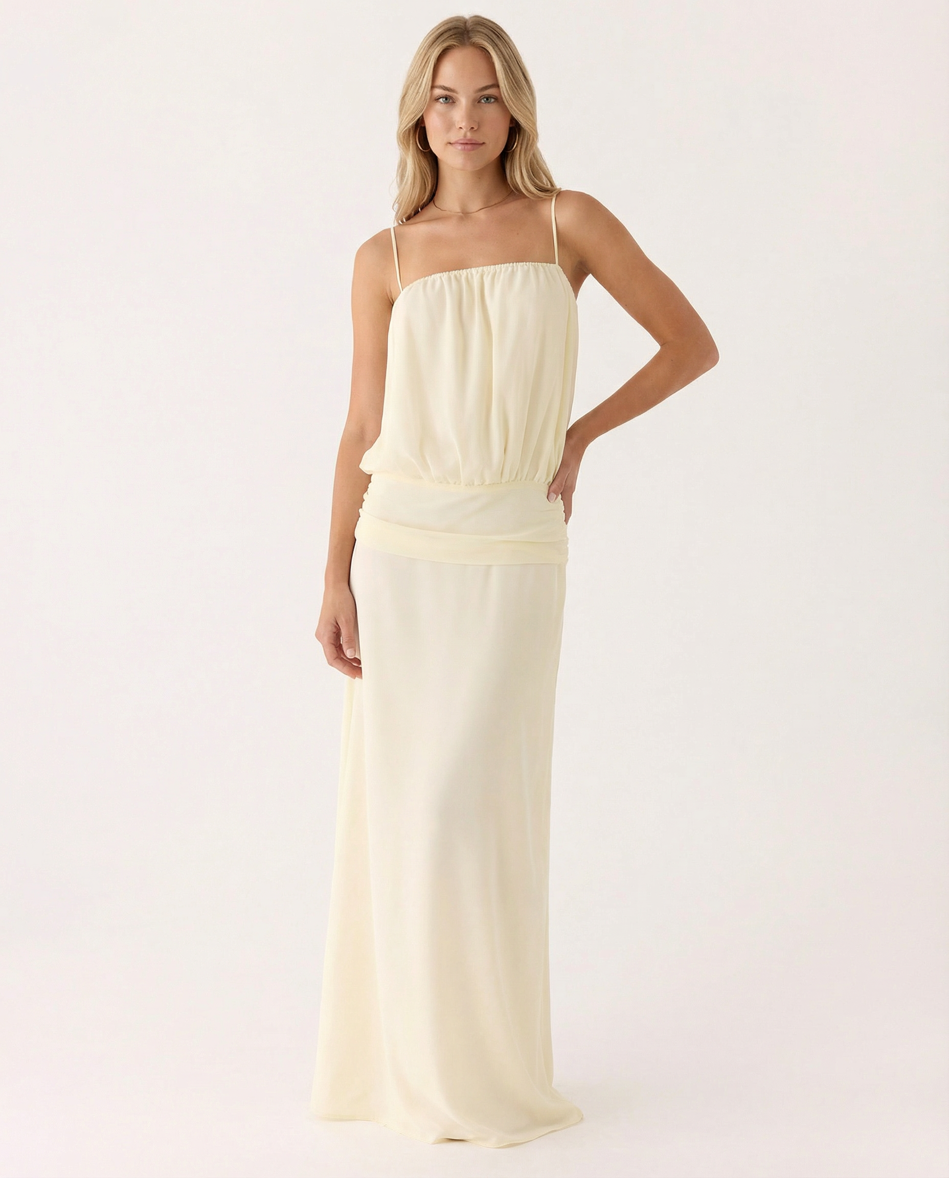 Sandi | Thin Spaghetti Straps Ruffle Details Maxi Dress