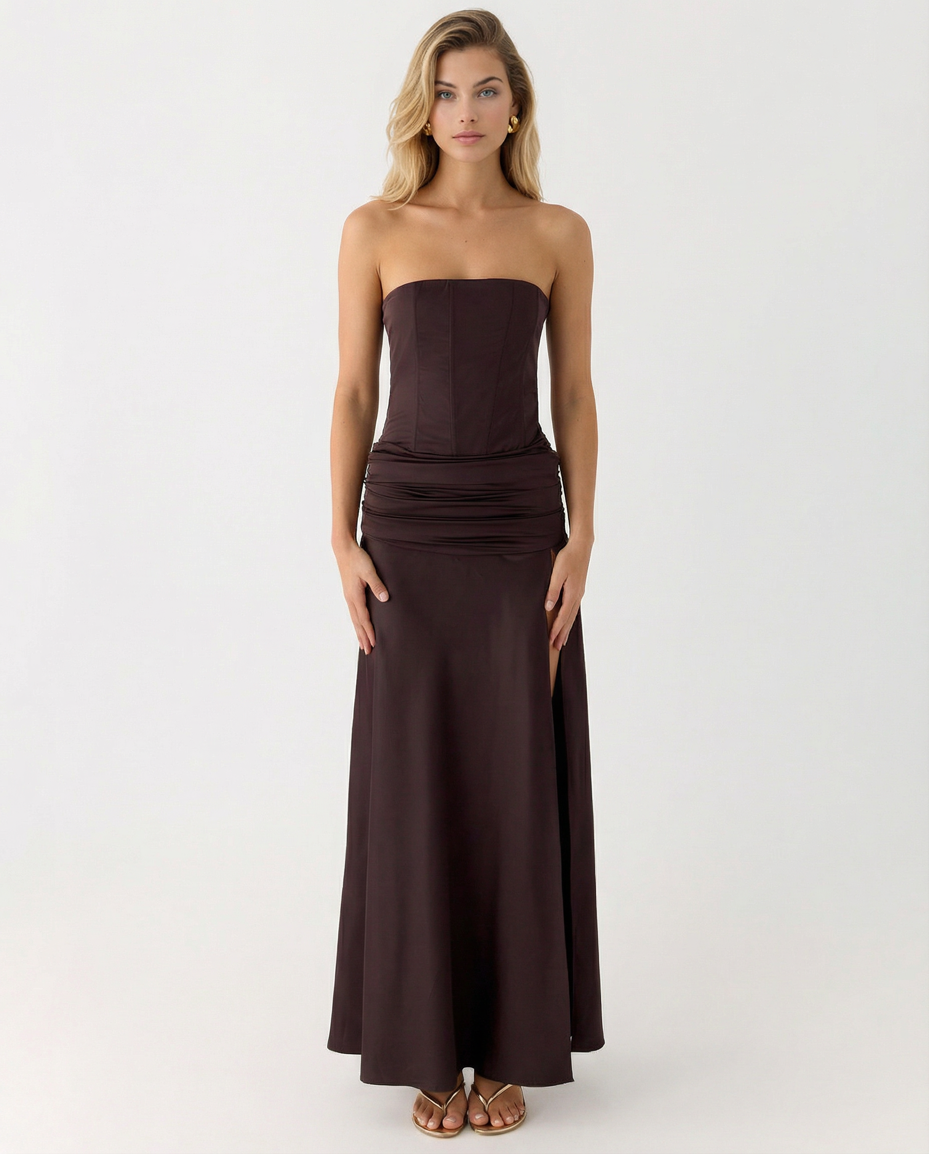 Graciela | Corset Bodice Ruched Satin Maxi Dress