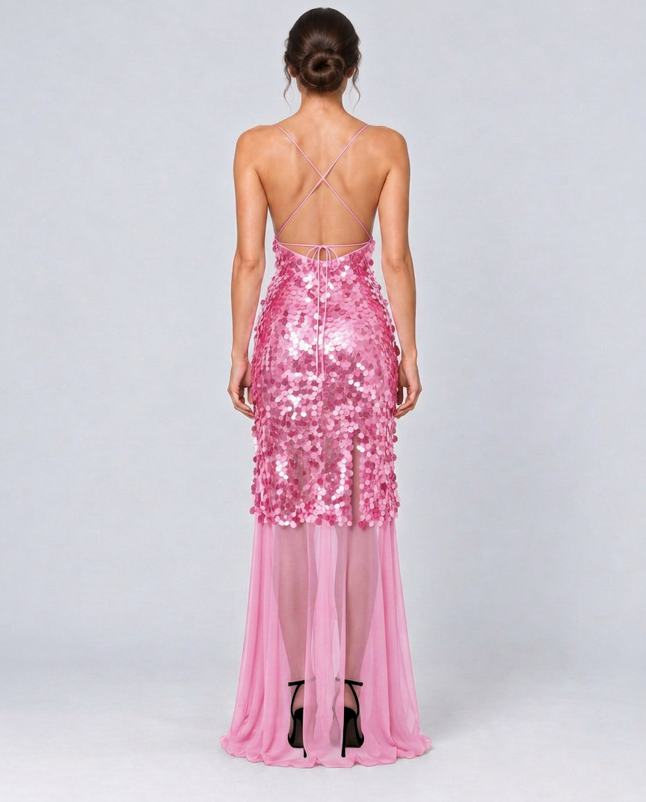 Goldie | V-Neck Sequin Crisscross-Back Maxi Dress