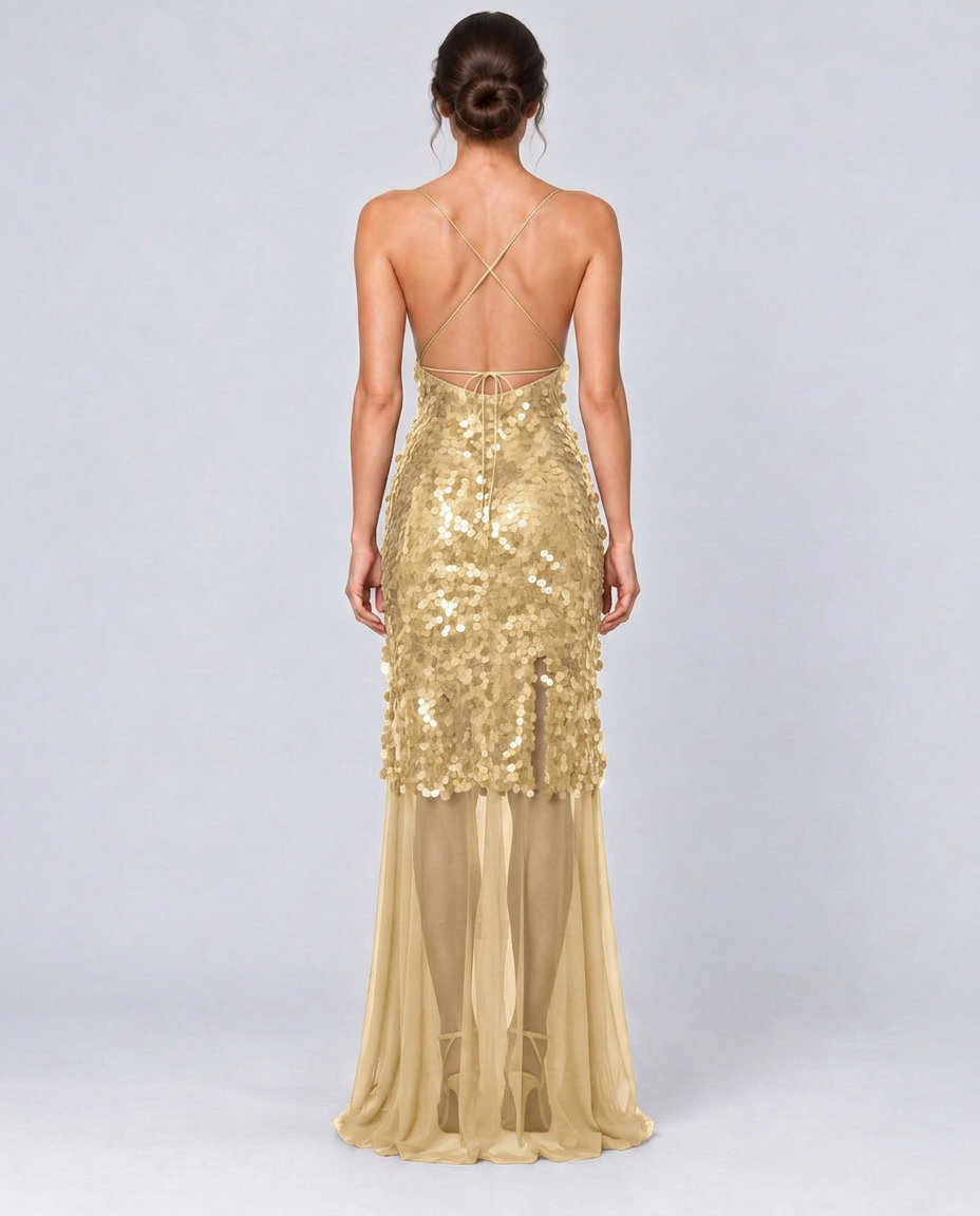 Goldie | V-Neck Sequin Crisscross-Back Maxi Dress
