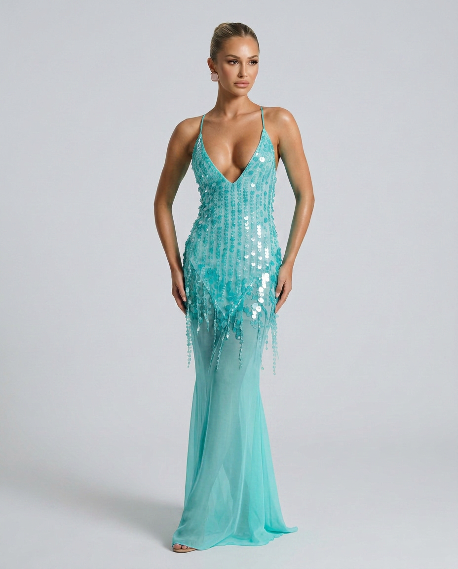 Goldie | V-Neck Sequin Crisscross-Back Maxi Dress