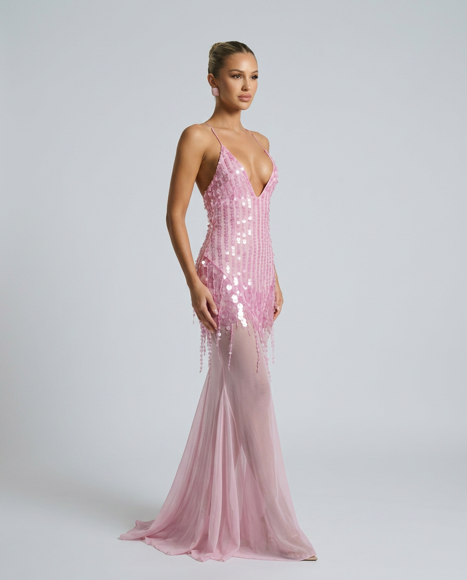 Goldie | V-Neck Sequin Crisscross-Back Maxi Dress