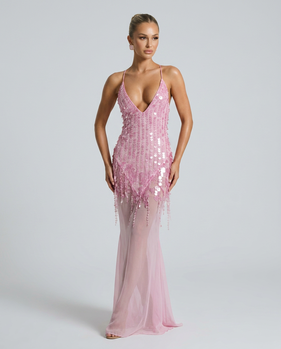 Goldie | V-Neck Sequin Crisscross-Back Maxi Dress