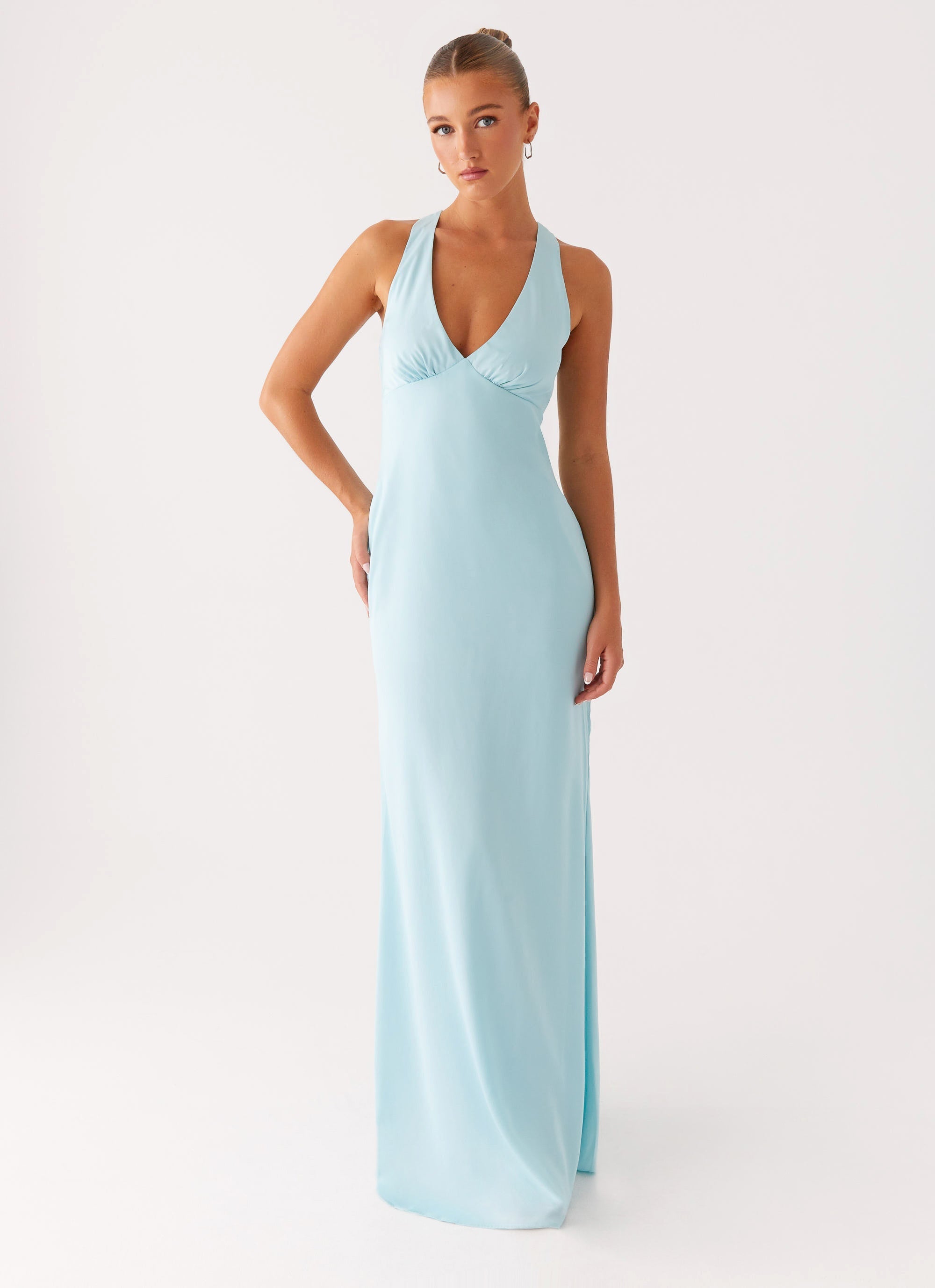 Christine | Low V Neckline Ruched Satin Maxi Dress