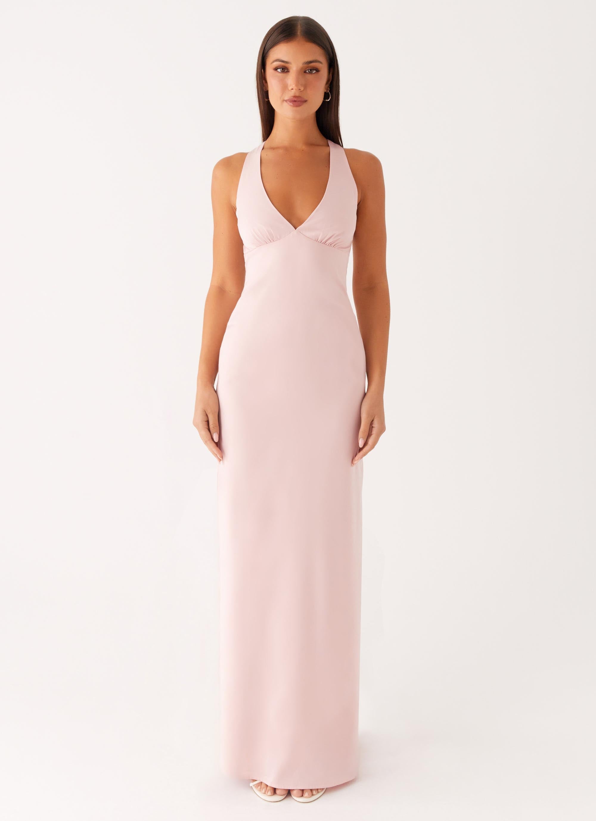 Christine | Low V Neckline Ruched Satin Maxi Dress