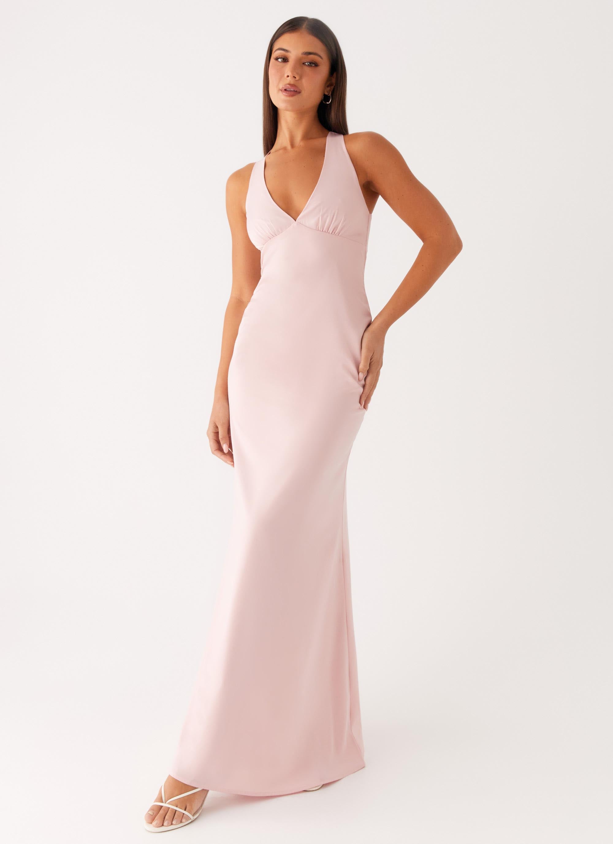 Christine | Low V Neckline Ruched Satin Maxi Dress