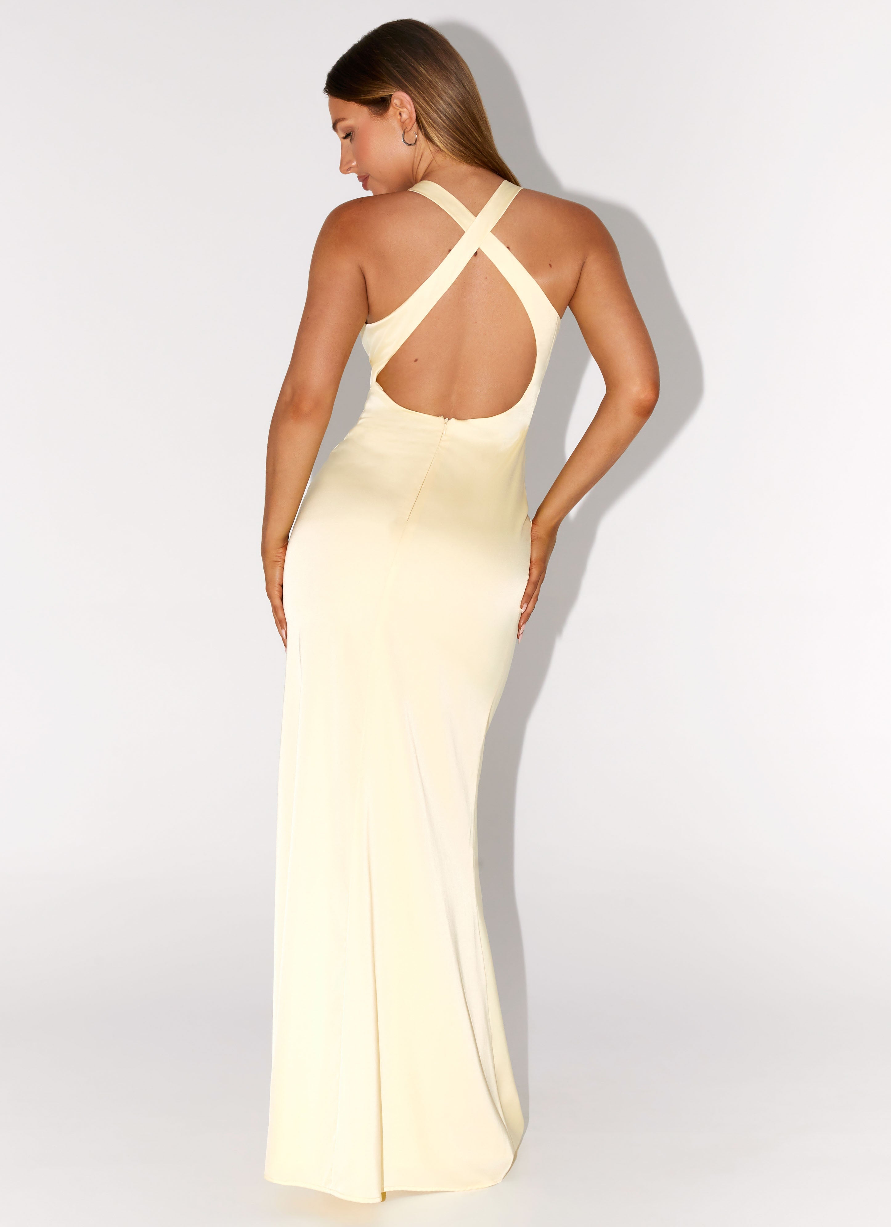 Christine | Low V Neckline Ruched Satin Maxi Dress