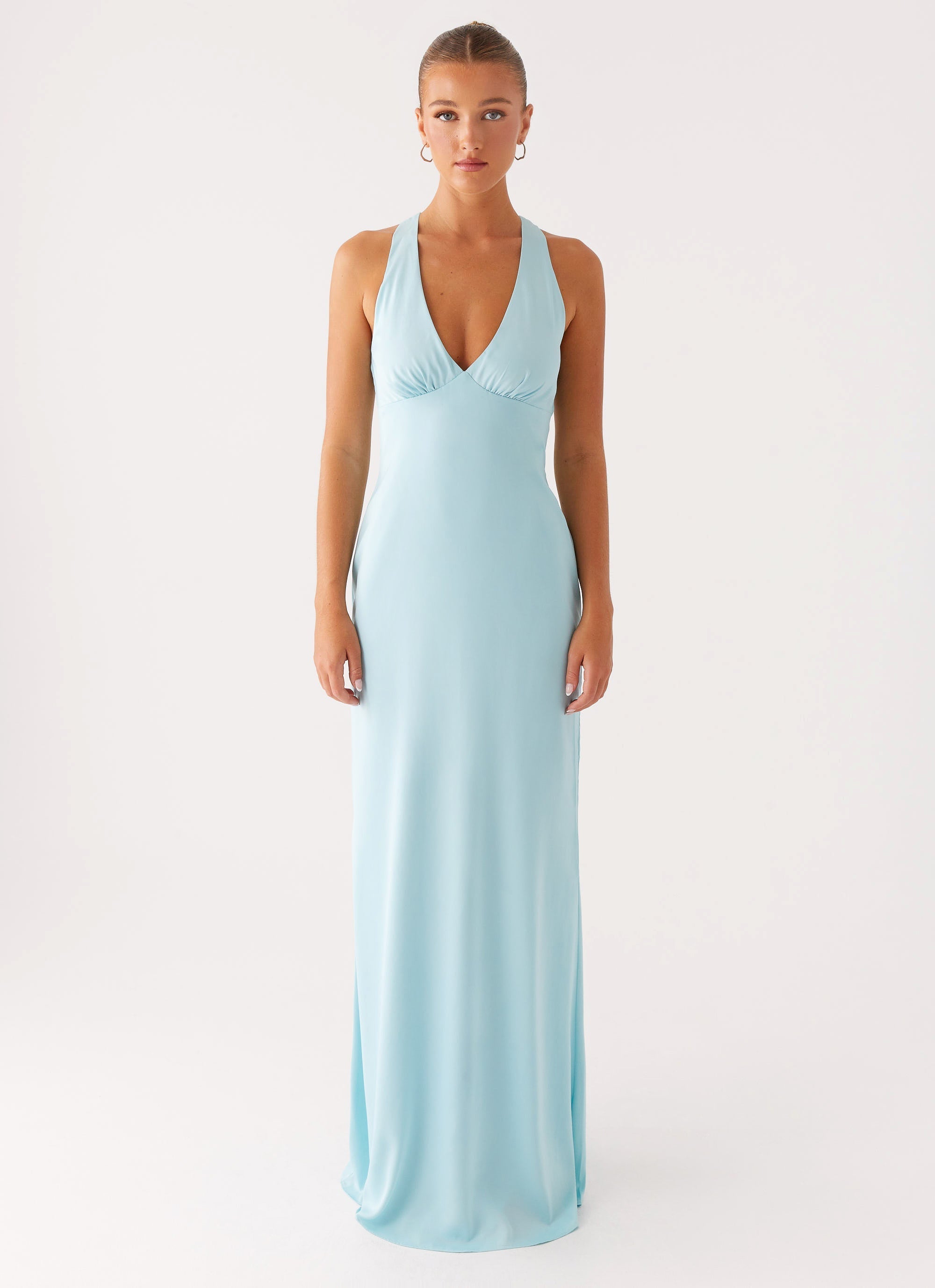 Christine | Low V Neckline Ruched Satin Maxi Dress