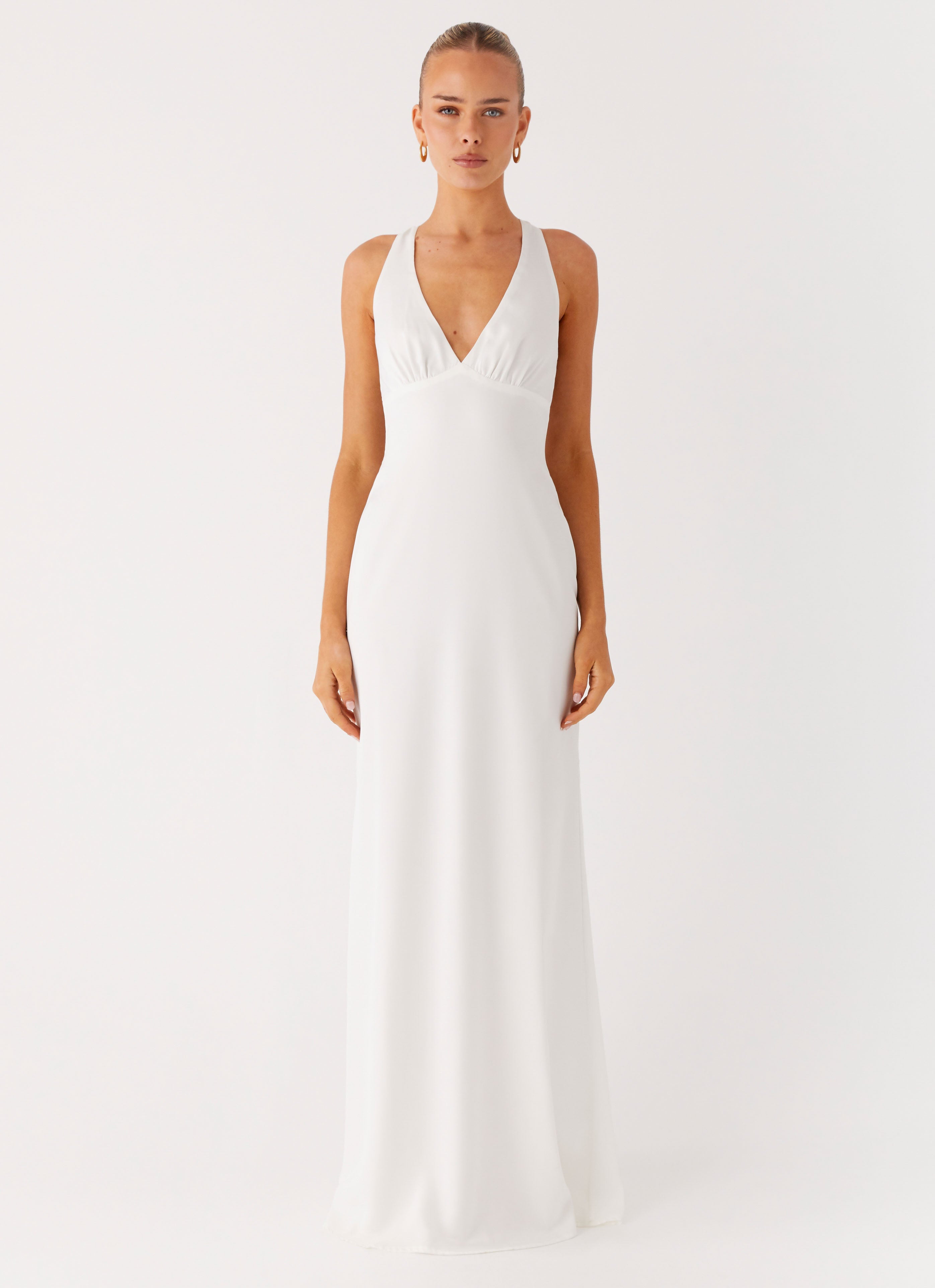 Christine | Low V Neckline Ruched Satin Maxi Dress