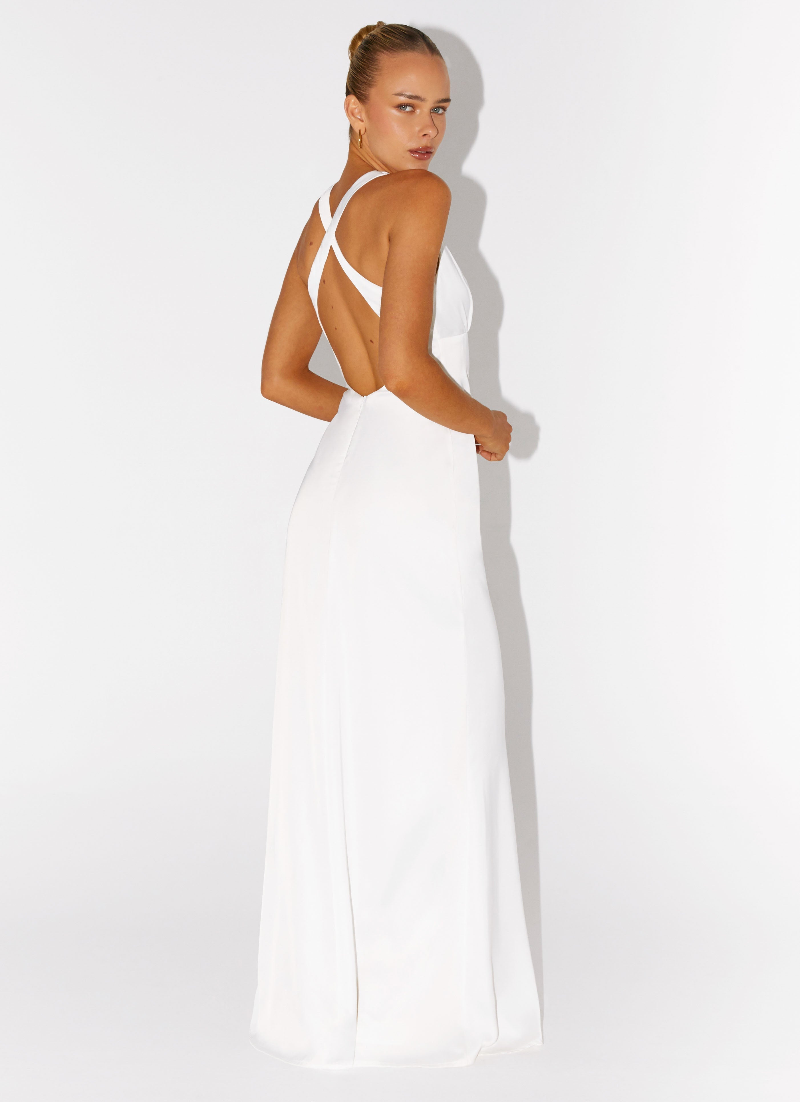 Christine | Low V Neckline Ruched Satin Maxi Dress