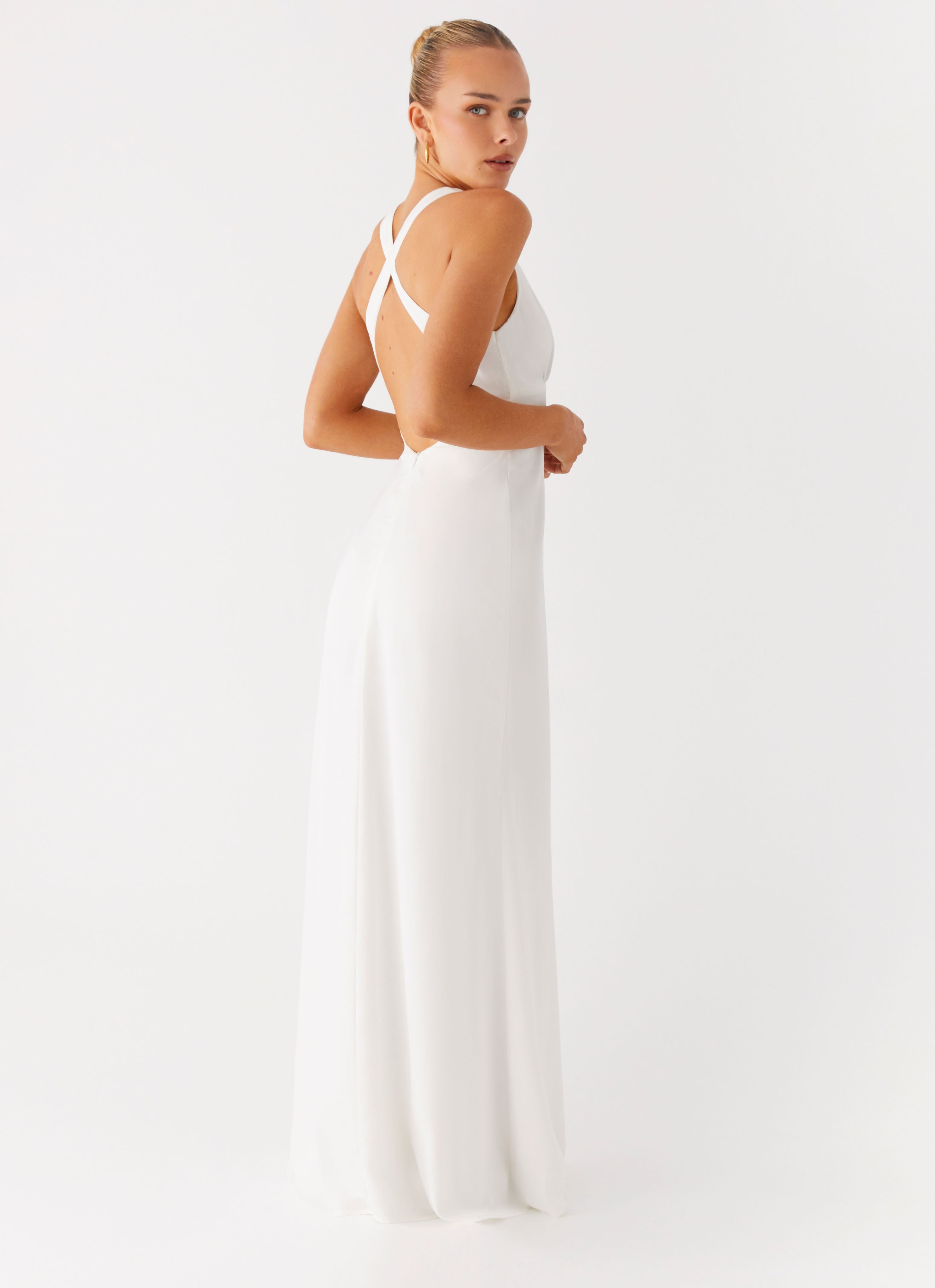Christine | Low V Neckline Ruched Satin Maxi Dress
