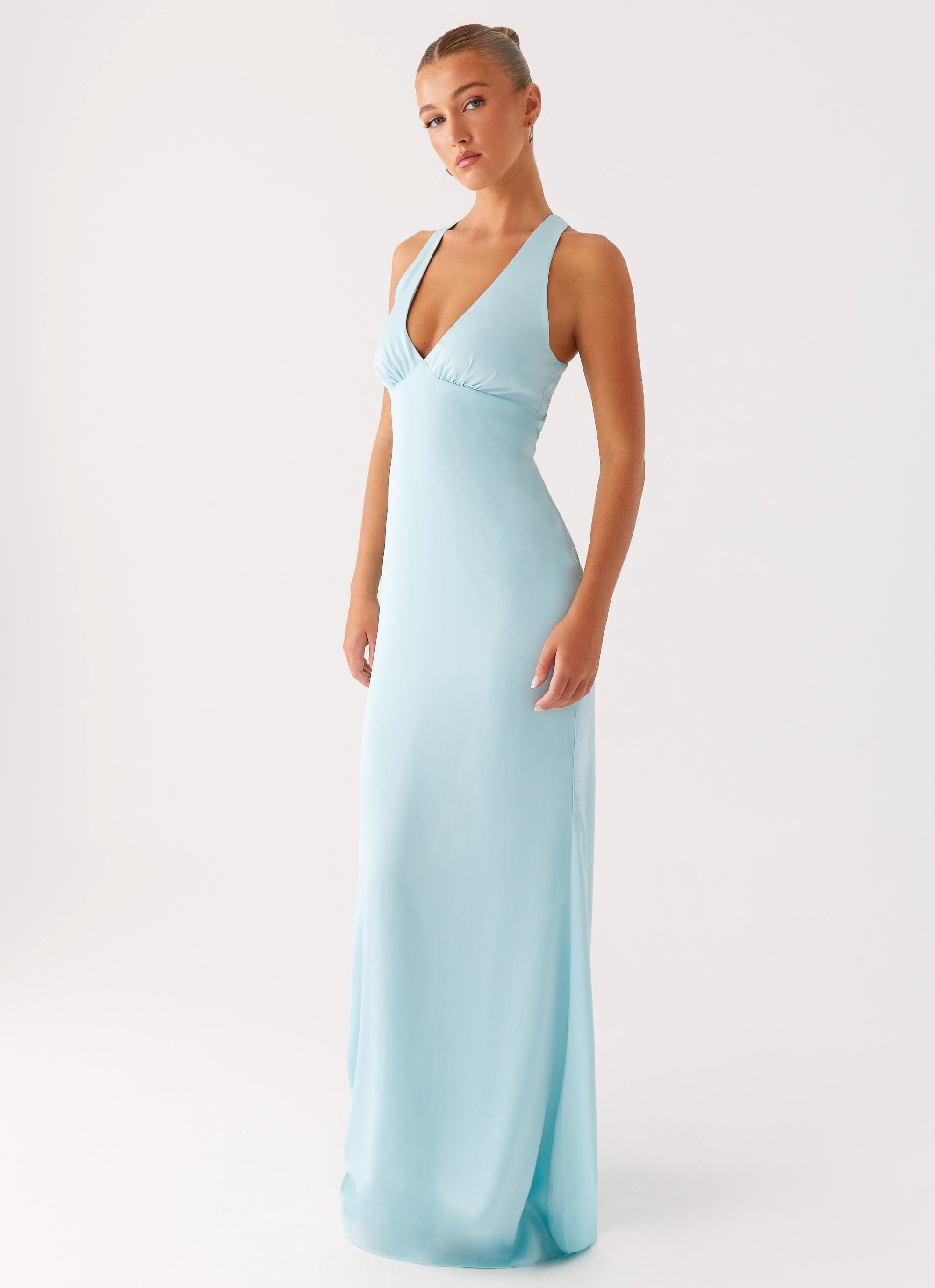 Christine | Low V Neckline Ruched Satin Maxi Dress