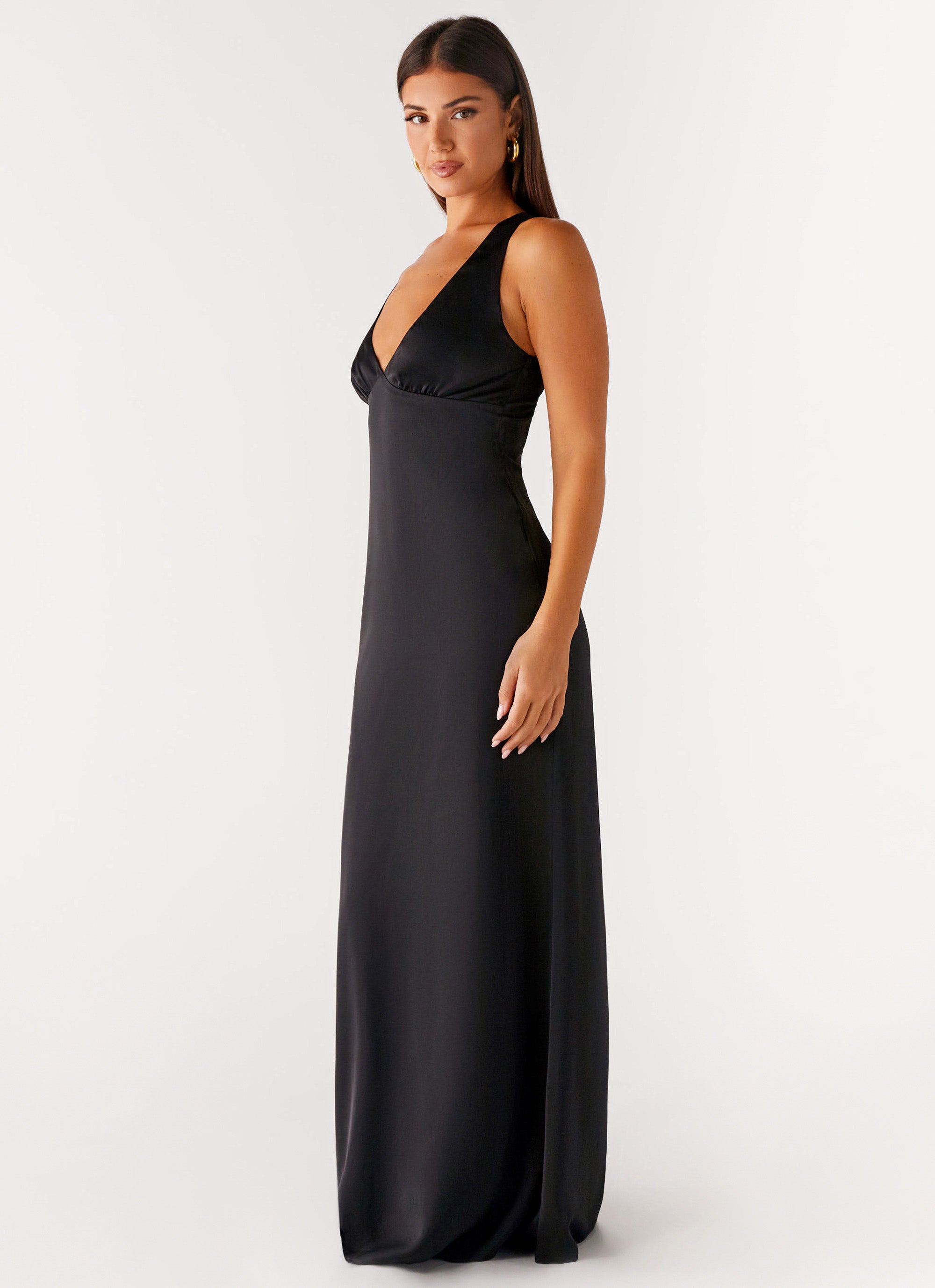 Christine | Low V Neckline Ruched Satin Maxi Dress