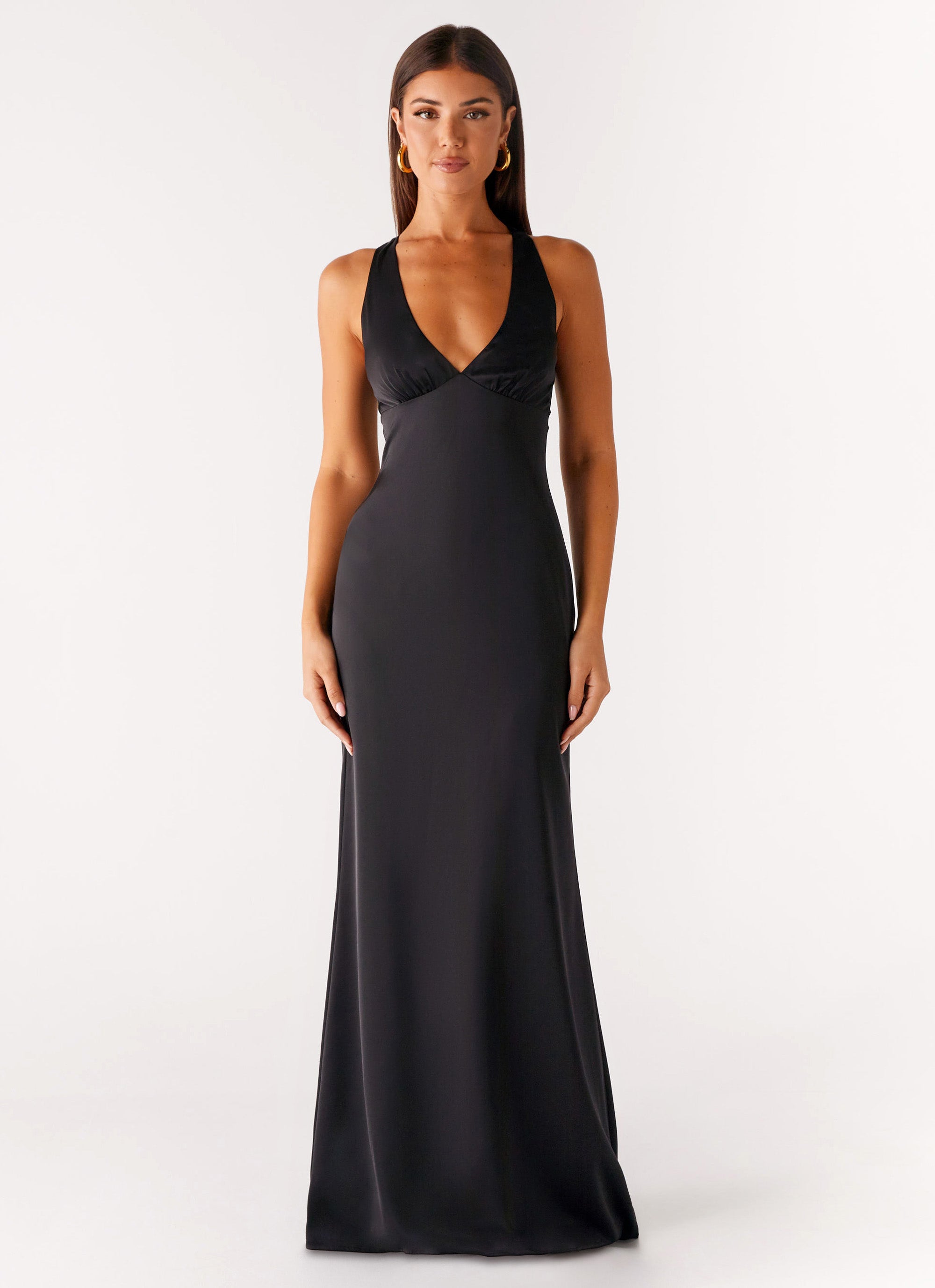 Christine | Low V Neckline Ruched Satin Maxi Dress