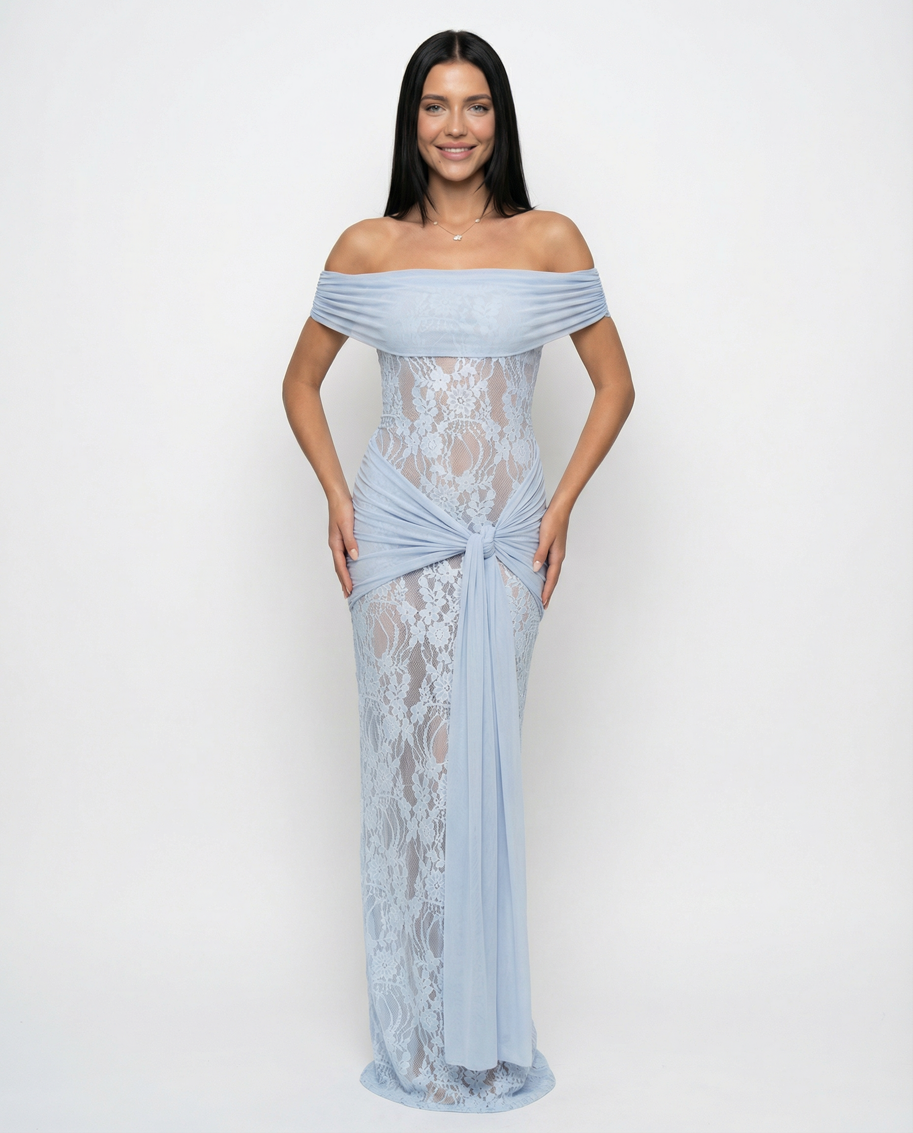 Women's Lace Maxi Dress Off Shoulder Knot Detail Krystal Women's Lace Maxi Dress Off Shoulder Knot Detail Krystal