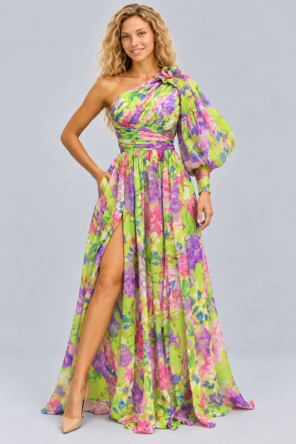 Seraphina | One-Shoulder Floral Split Maxi Dress