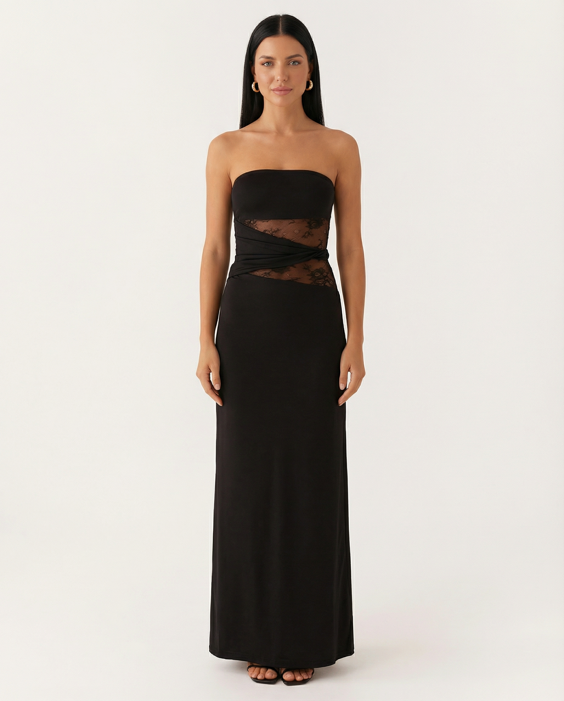 Tonia | Strapless Maxi Dress with Lace Panel and Side Slit