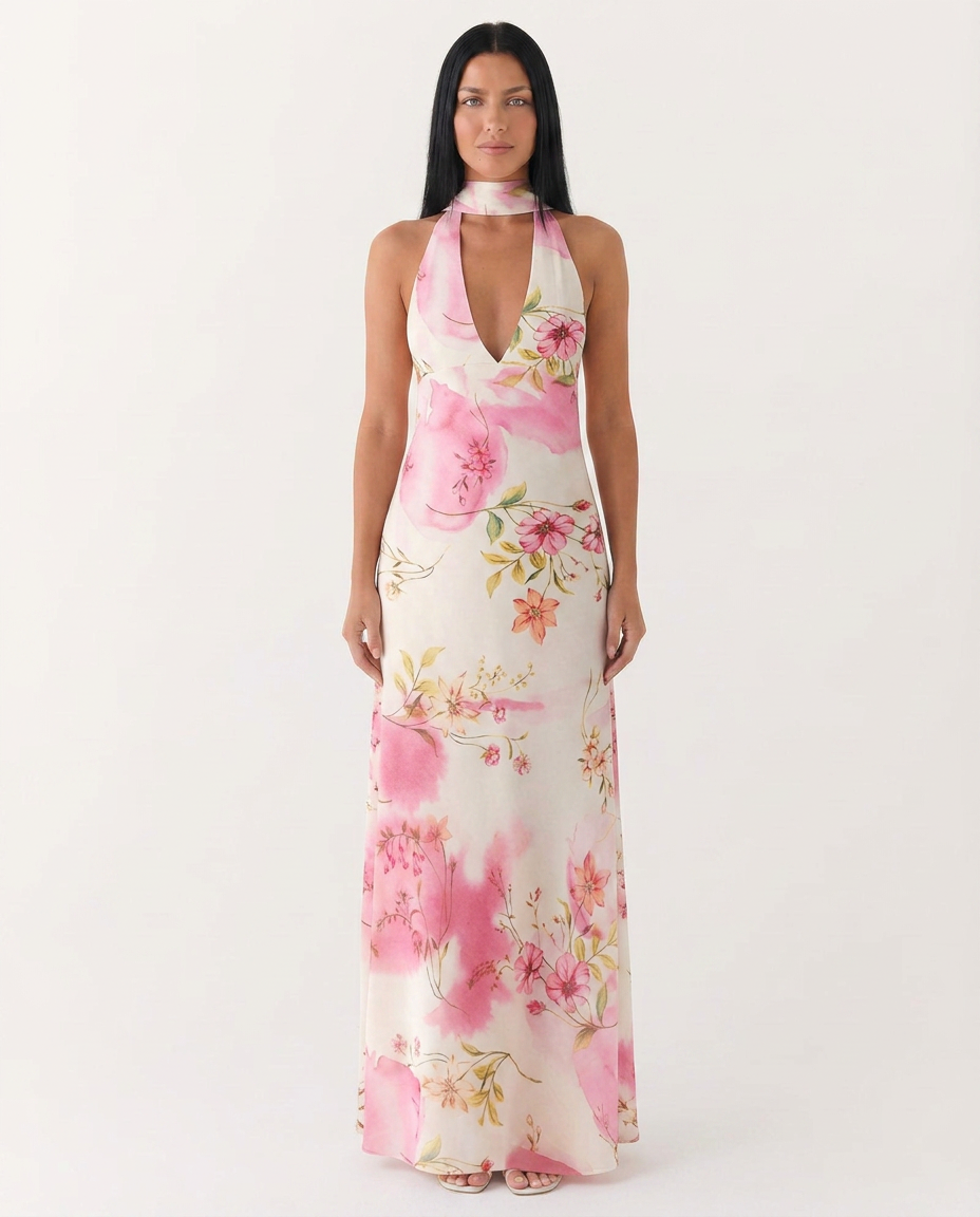 Jayne | Floral Low V-Neck Cowl Back Halter Maxi Dress