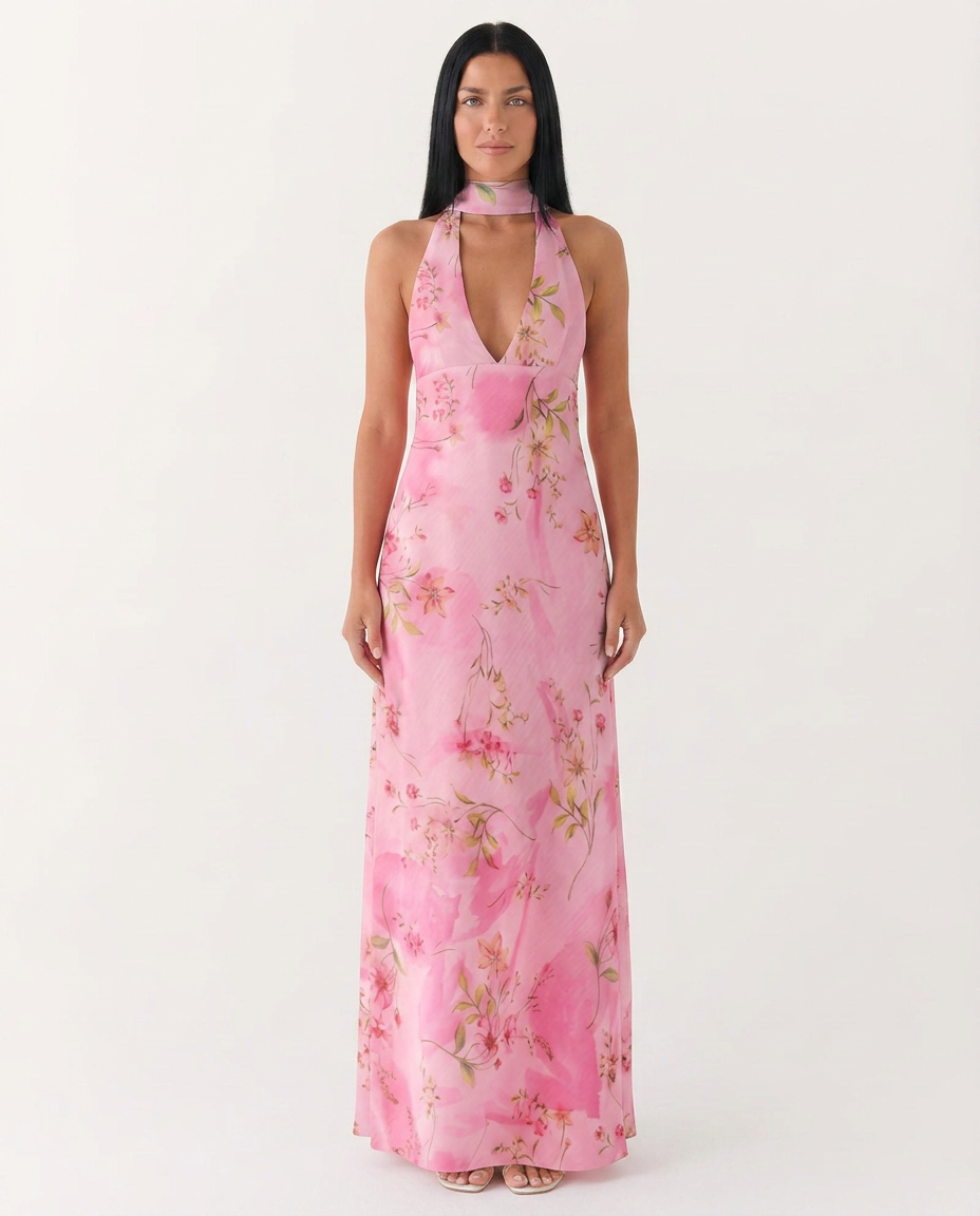 Jayne | Floral Low V-Neck Cowl Back Halter Maxi Dress