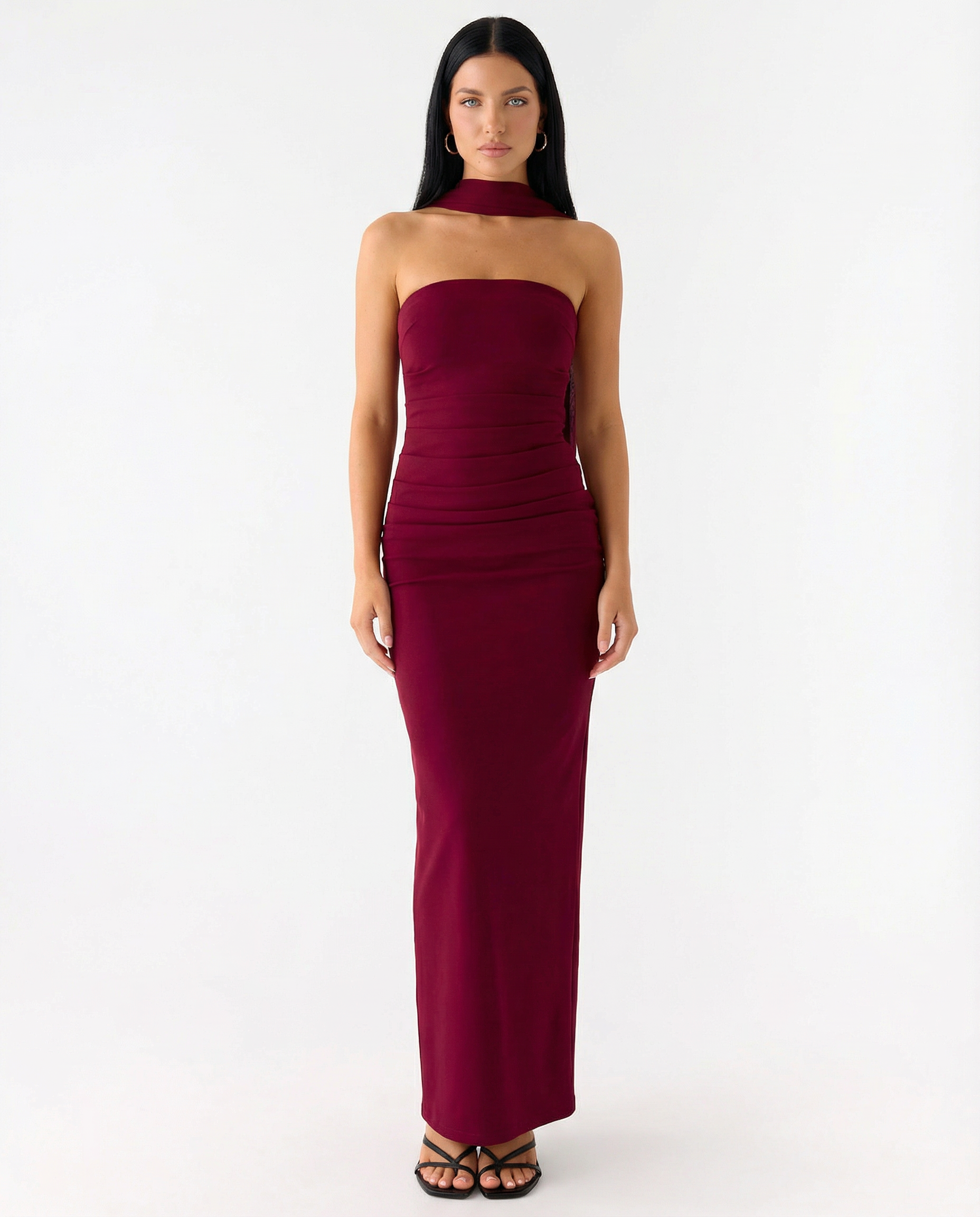Latoya | Strapless Ruched Maxi Dress with Scarf
