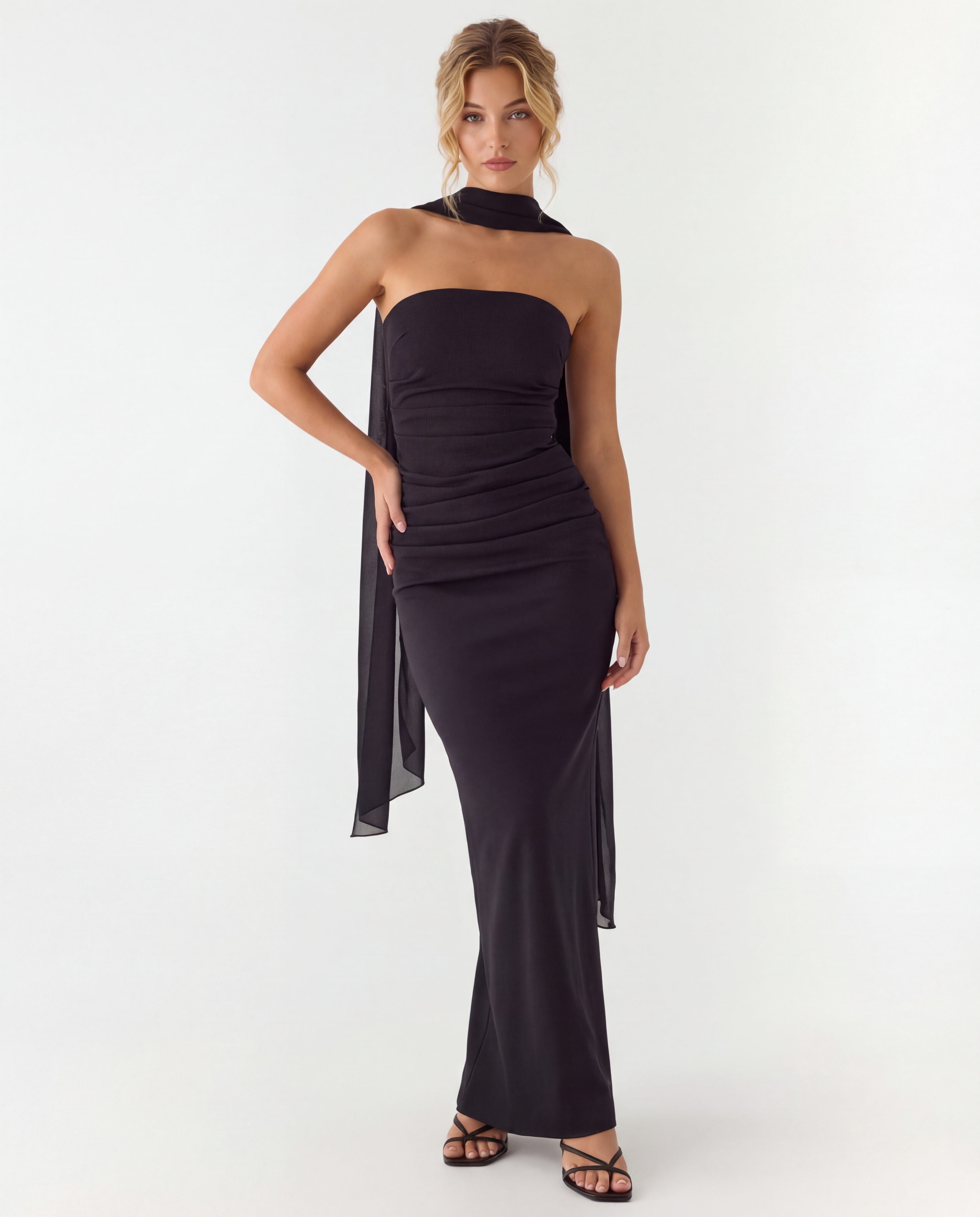 Latoya | Strapless Ruched Maxi Dress with Scarf