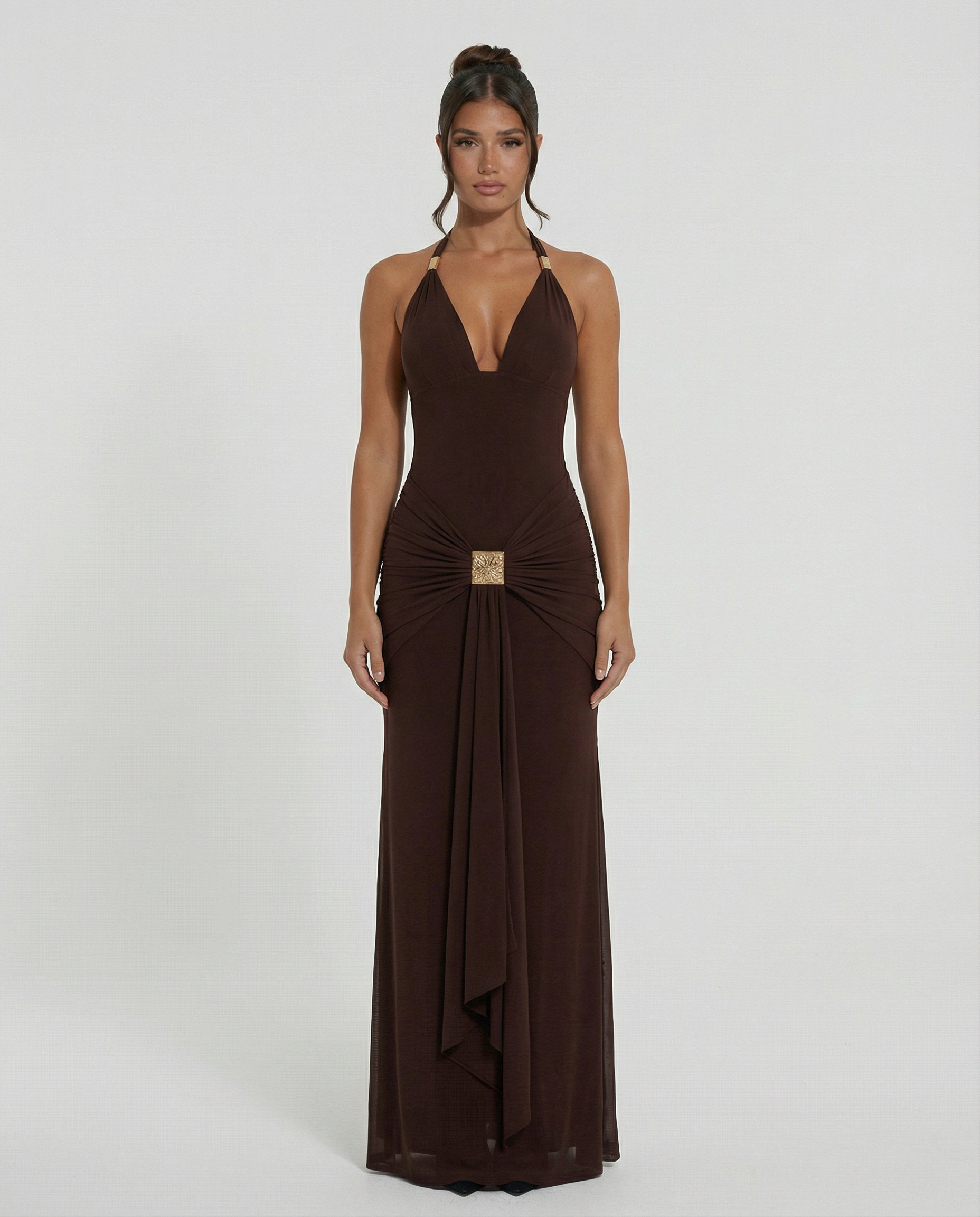 Gwen | Halter Maxi Dress with Hardware Detail and Ruching