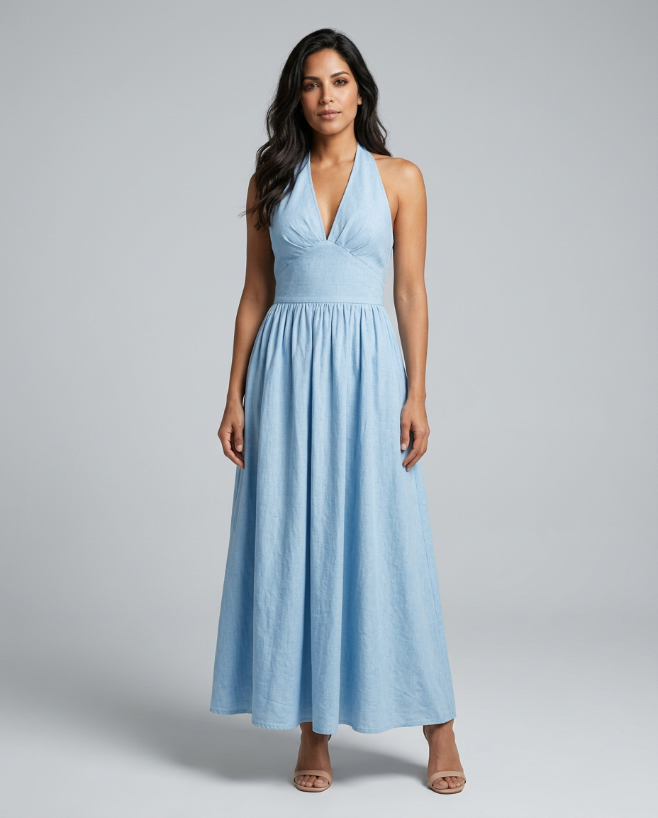 Salma | Halter V-Neck Gathered A-Line Maxi Dress