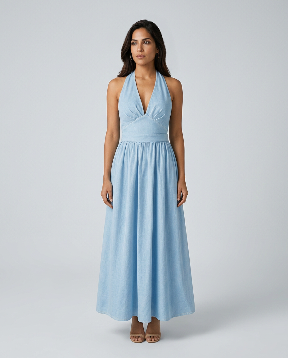 Salma | Halter V-Neck Gathered A-Line Maxi Dress