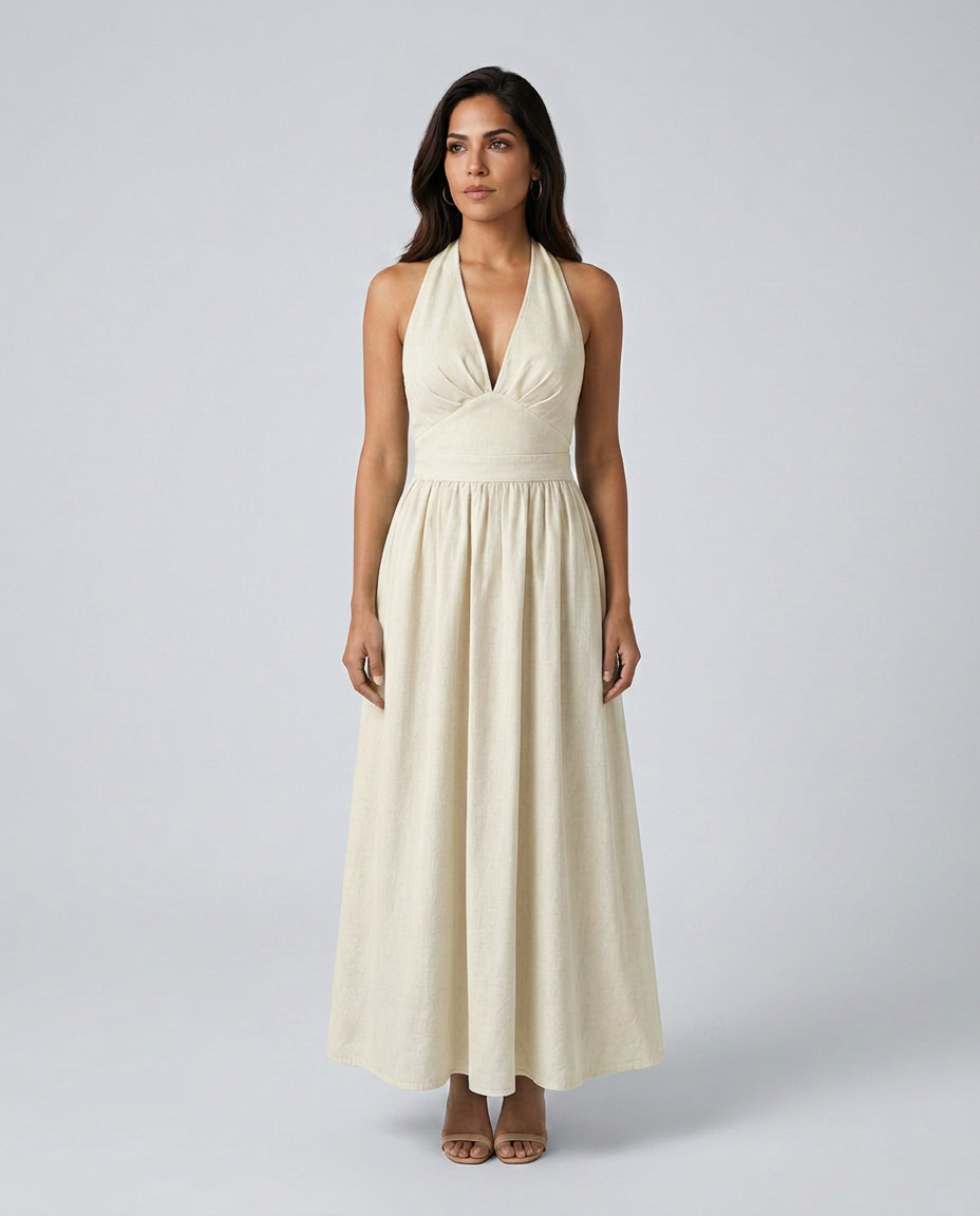 Salma | Halter V-Neck Gathered A-Line Maxi Dress